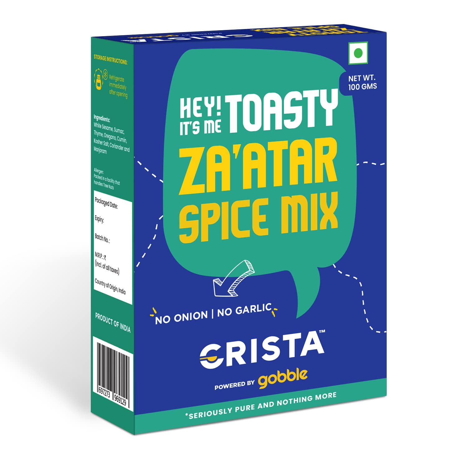 CRISTA Toasty Za’atar Spice Mix Blend | Authentic Middle Eastern Seasoning | Vegan, Gluten-Free, No Onion, No Garlic | 100g | Trans Fat Free, No Additives or Preservatives | Perfect for Hummus, Flatbread & Mediterranean Dishes
