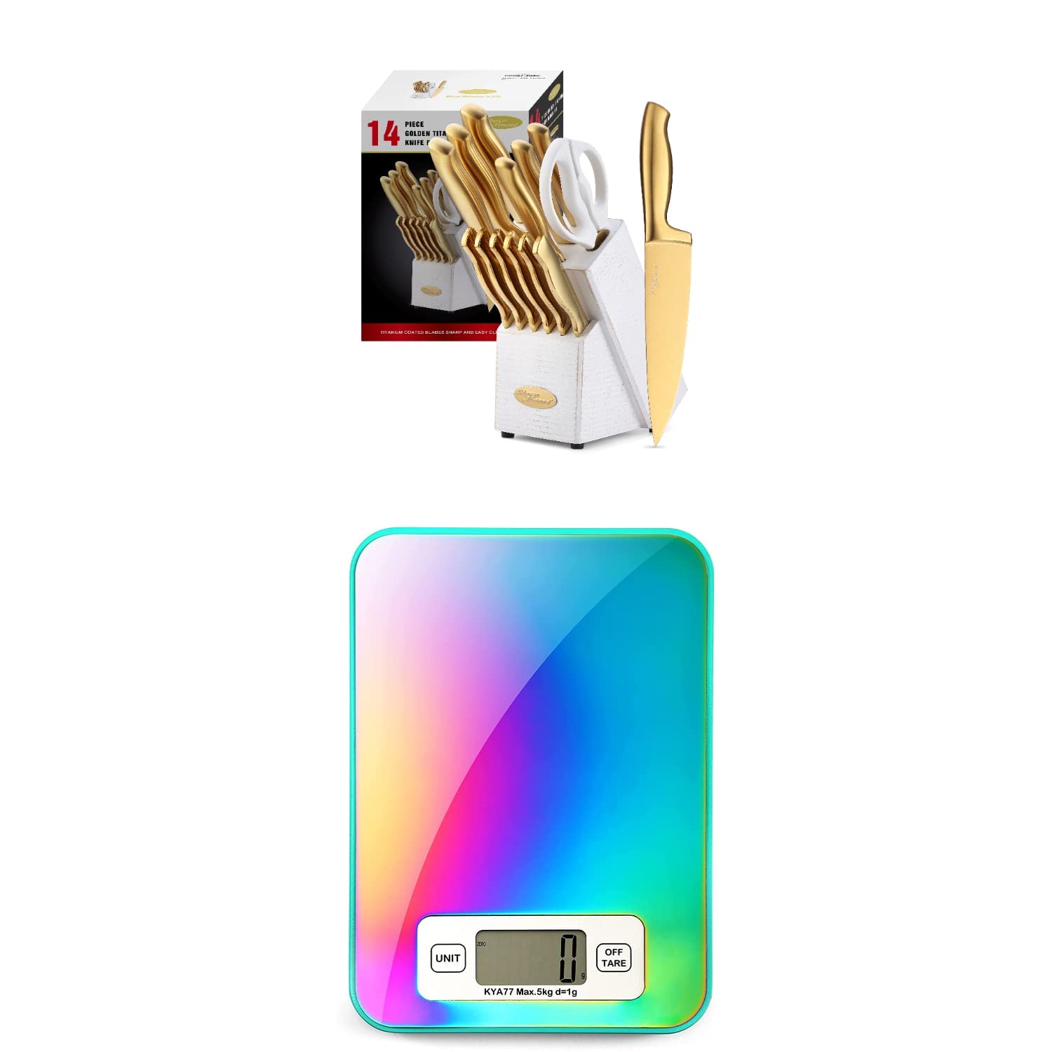 Marco Almond MA21 Hollow Handle Gold Knives Set with White Wash Finish Wood Block & KYA77 Titanium Coated Rainbow Digital Kitchen Scale - Premium Stainless Steel Cutlery Set & Precise Food Scale for Cooking, Baking, and Meal Prep