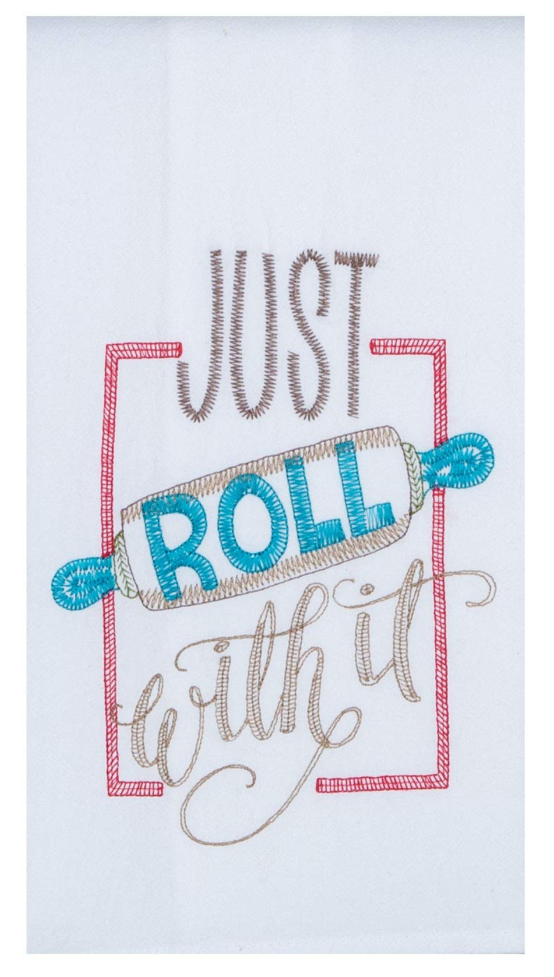 Kay Dee Designs 2-Piece Just Roll With It Kitchen Towel Set - Embroidered Flour Sack & Cinnabar Windowpane Terry Towels for Cooking, Baking & Kitchen Decor