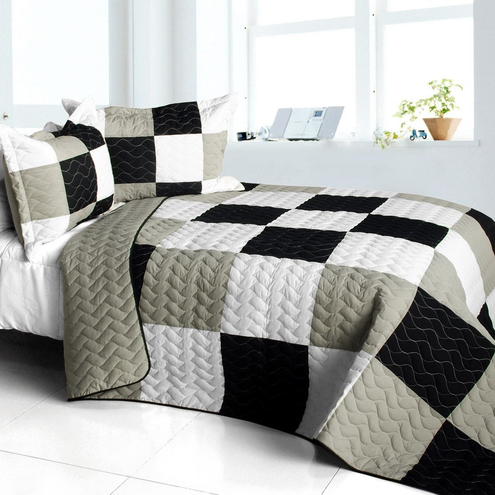 Vermicelli-Quilted Patchwork Plaid Quilt Set Full/Queen Size - Soft & Cozy Bedding for Winter - Perfect for Master Bedroom, Guest Room, or Cabin Retreat