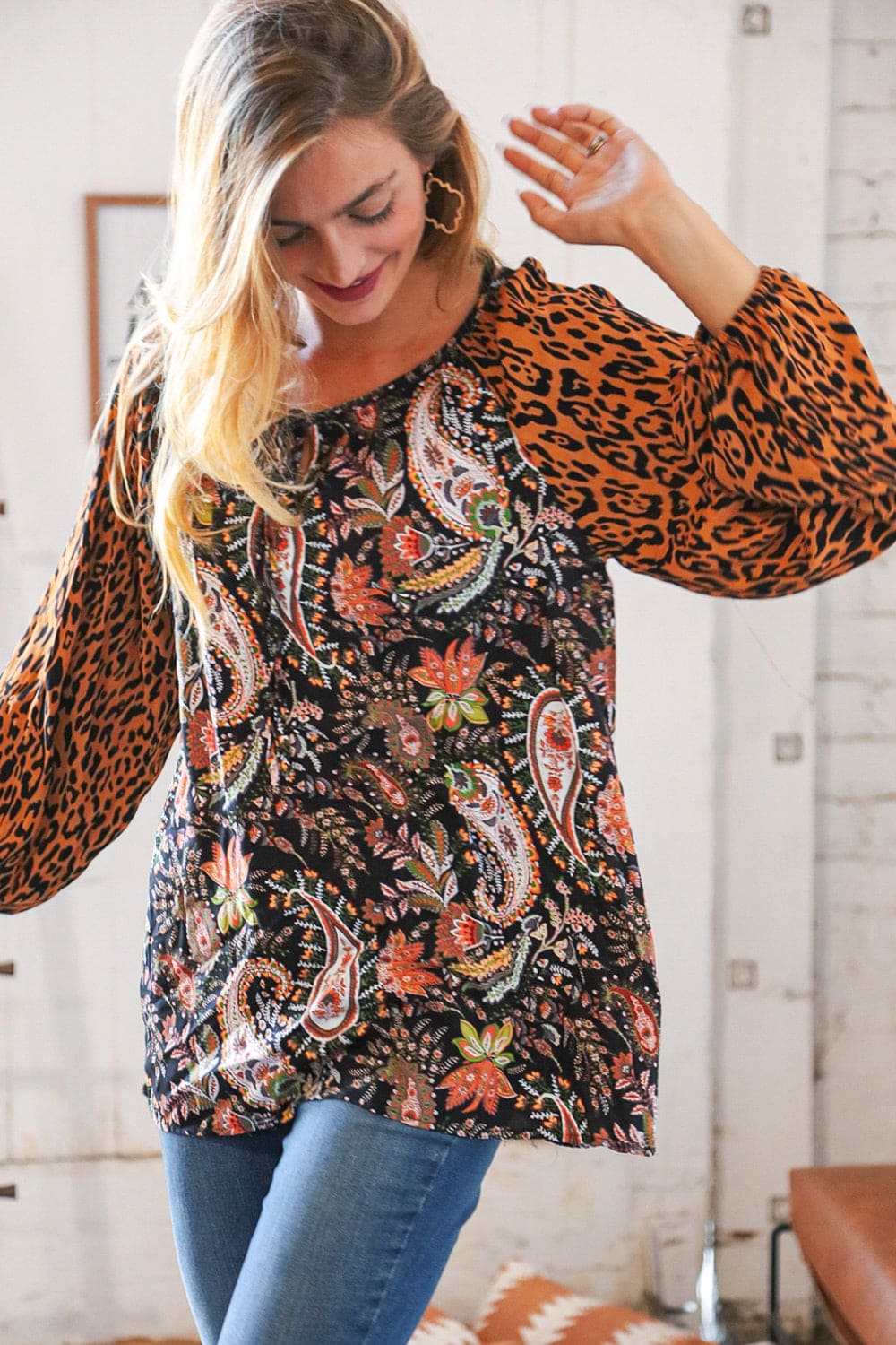Boho Paisley Leopard Print Front Tie Woven Blouse for Women - Stylish Floral Animal Print Tunic Top for Casual Outfits & Summer Vacations