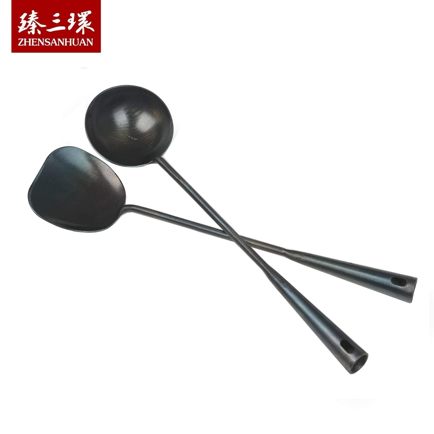 ZhenSanHuan Hand-Forged Carbon Steel Wok Set - 36CM Round Bottom Wok with Helper Handle, Wooden Lid & Iron Utensils - Professional Chinese Stir Fry Pan for Home Cooking, Restaurant Use & Asian Cuisine