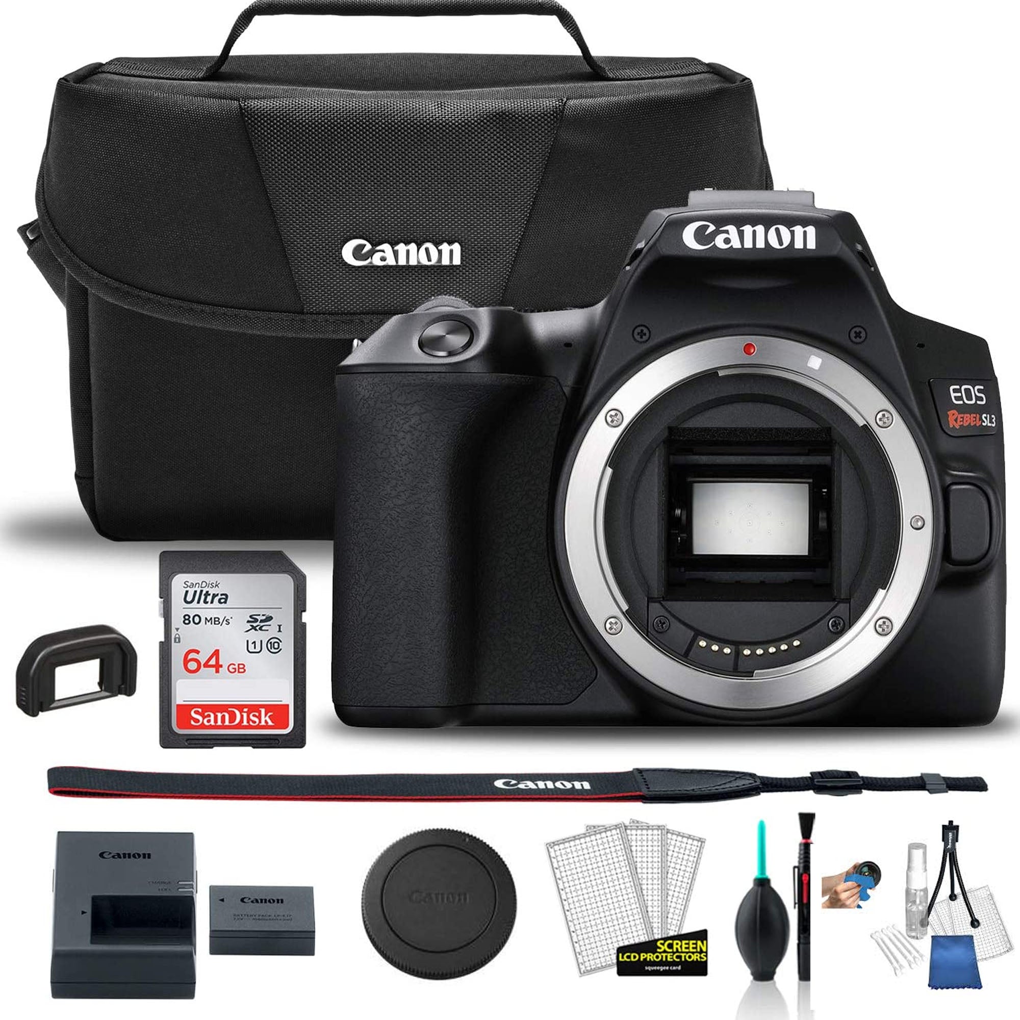 Canon EOS Rebel SL3/250D DSLR Camera (Black, Body Only) with Camera Bag, SanDisk Ultra 64GB SD Card & Cleaning Kit - Perfect for Travel Photography, Vlogging & Beginner Photographers