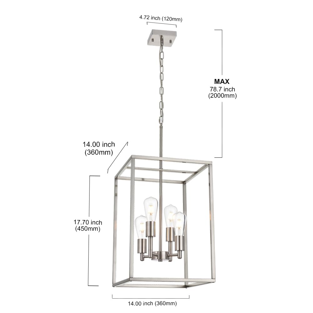 4-Light Brushed Nickel Chandelier - Industrial Square Metal Pendant Light for Foyer, Dining Room & Kitchen | Modern Ceiling Hanging Lantern Fixture for Home Decor
