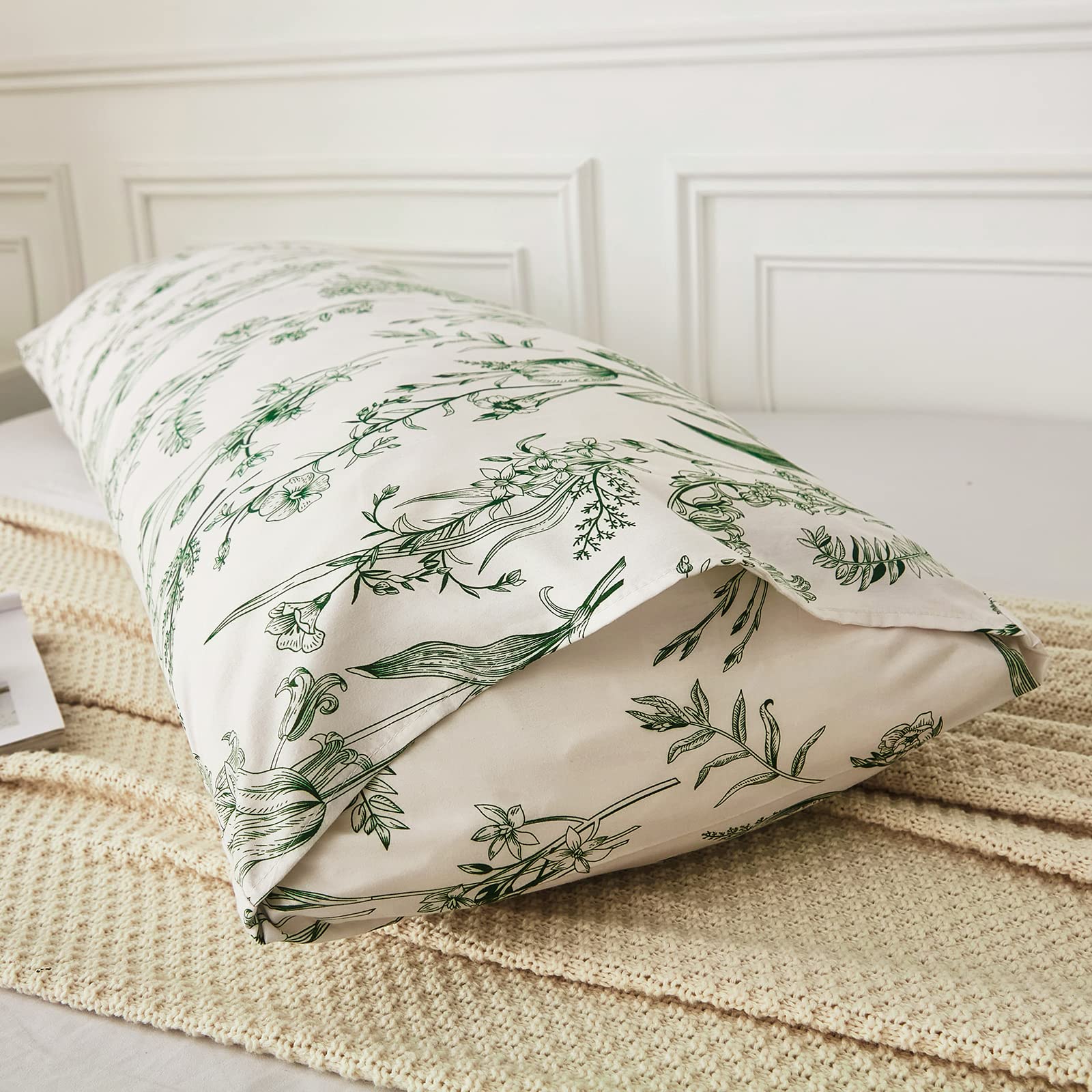 20x54 Inch Dark Green Floral Body Pillow Cover with Pocket Closure - Country Style Farmhouse Decor for Sofa, Bed & Dorm - Soft Long Body Pillow Case Featuring Branch & Flower Pattern