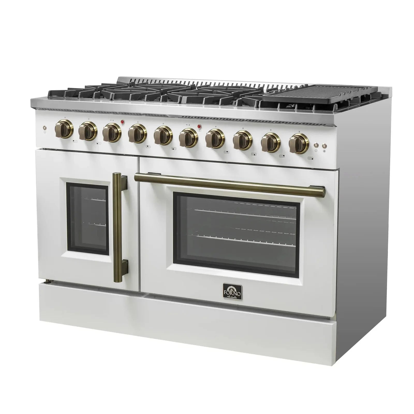 Forno Galiano 48-Inch Freestanding All Gas Range with French Doors - White with Antique Brass Trim (Model FFSGS6444 48WHT) - Perfect for Modern Kitchens & Professional Chefs