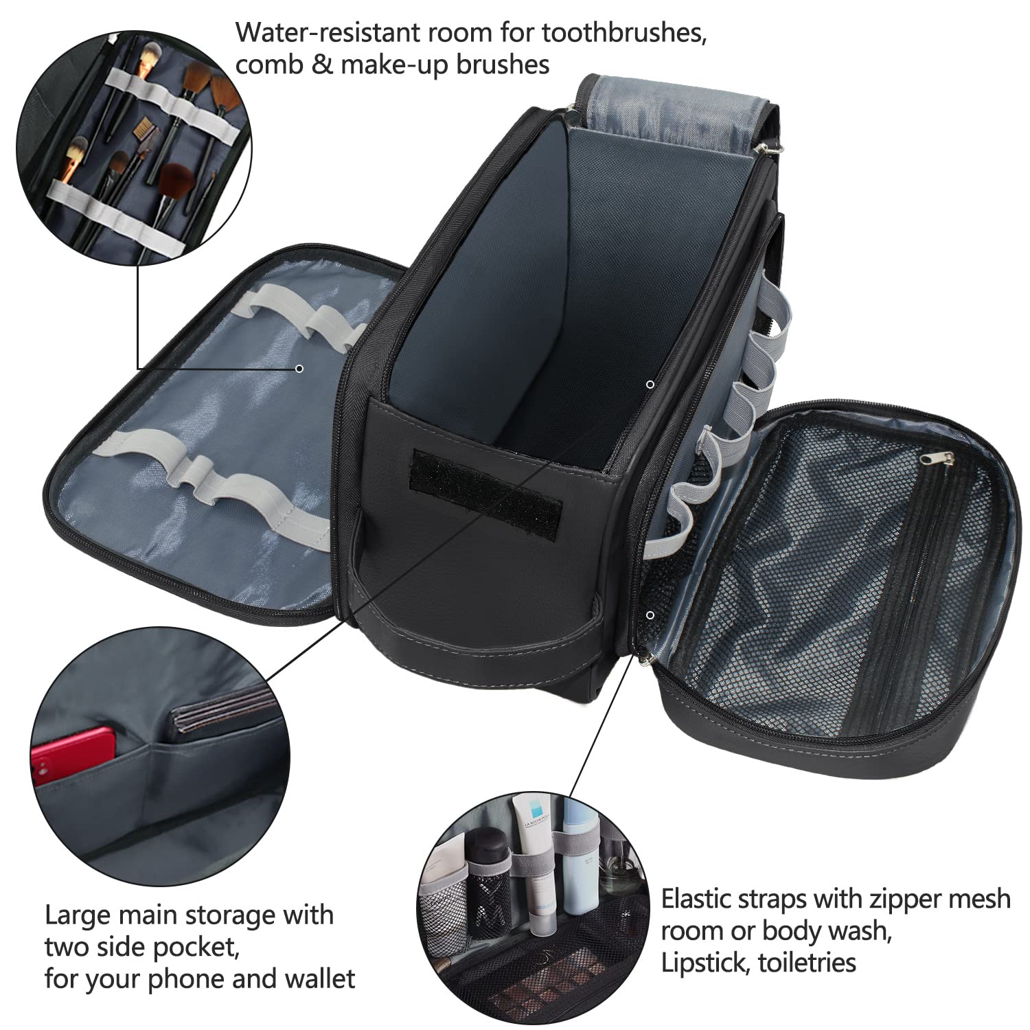 Buruis Extra Large Water-Resistant PU Leather Travel Toiletry Bag for Men - Shaving Dopp Kit & Cosmetic Organizer with Multiple Pockets (Black) - Perfect for Business Trips, Gym, Camping & Vacation Essentials