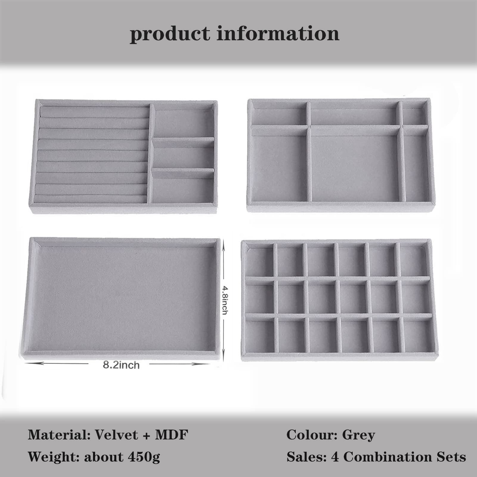 Velvet Jewelry Organizer Tray for Drawer - Stackable Jewelry Storage Inserts Set of 4 (Grey) | Perfect for Dresser, Vanity & Closet Organization | Jewelry Display & Accessories Storage Solution