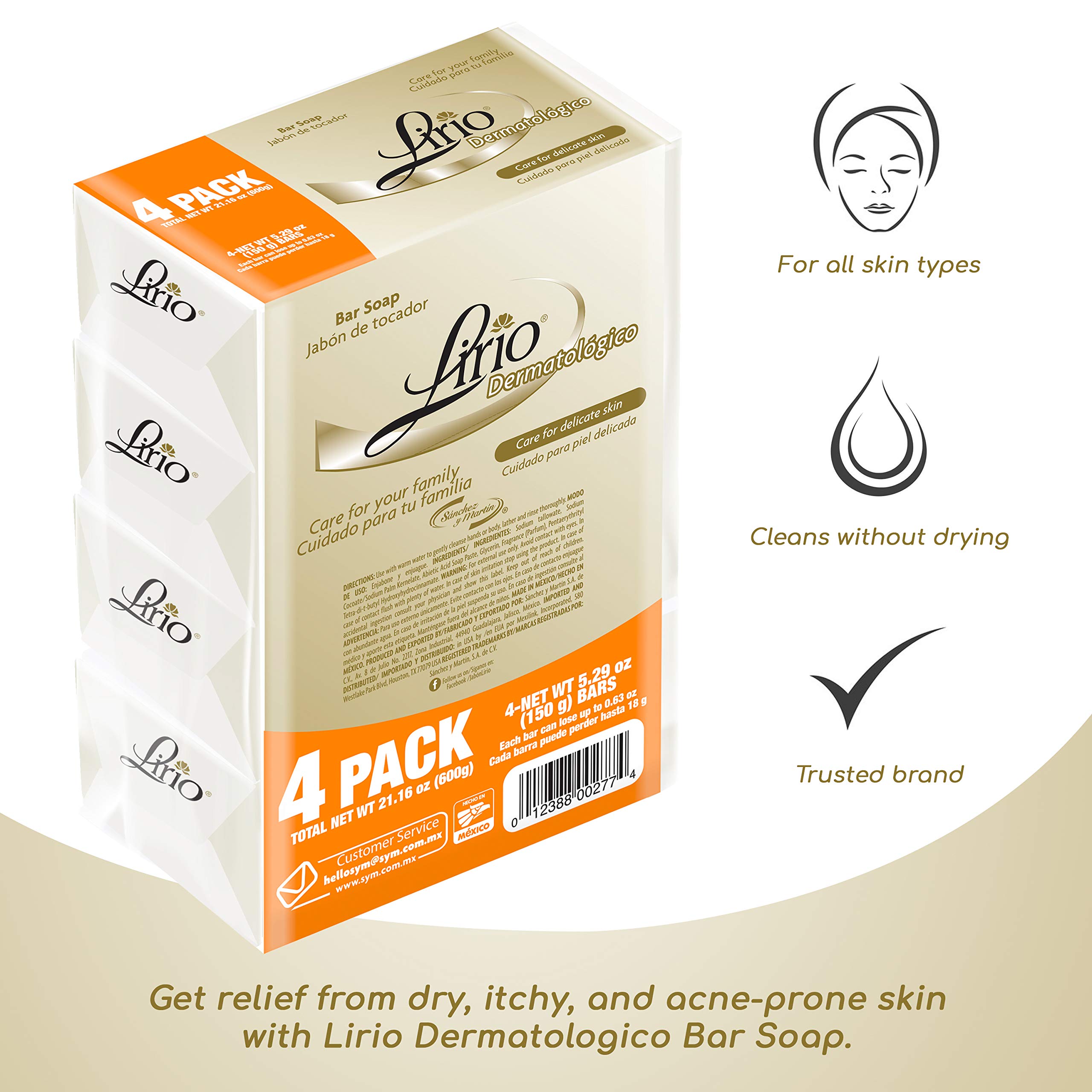 Lirio Derma Bar Soap - Dermatologist Recommended Body Soap for Sensitive Skin, 5.3 Oz (Pack of 4) - Gentle Cleansing for Dry, Itchy Skin & Eczema Relief - Perfect for Daily Shower & Bath Use