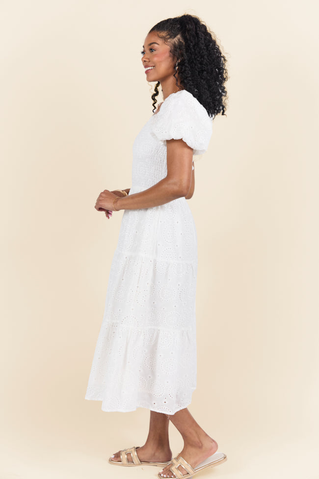 Forget Me Not White Eyelet Short Sleeve Midi Dress - Floral Lace Summer Dress for Women, Perfect for Beach Vacations, Garden Parties & Date Nights