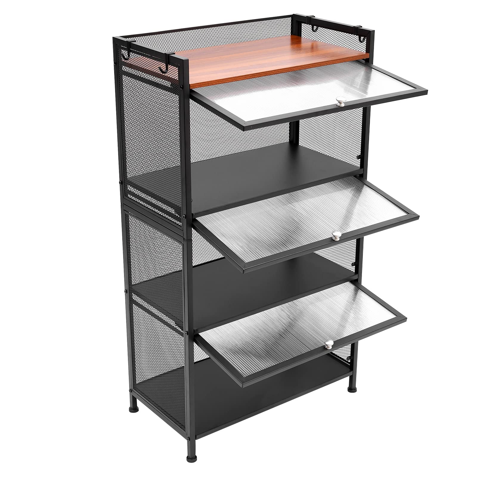 4-Tier Black Kitchen Storage Rack with Hooks - Bread Rack, Coffee Station & Microwave Organizer for Dishes, Pots & Pans - Stylish 43