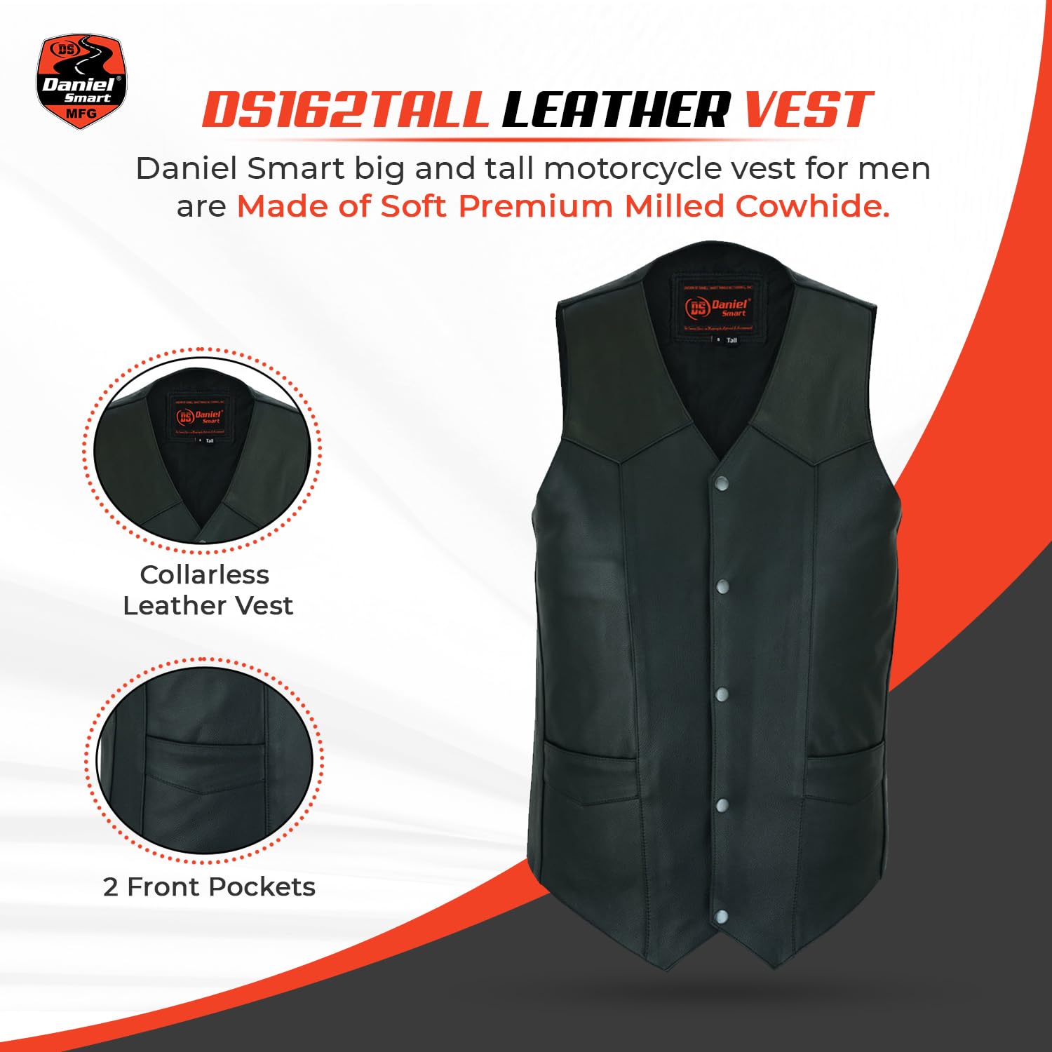 Daniel Smart Men's Genuine Leather Motorcycle Vest - Unique Biker Jacket with 2 Front & Inside Pockets for Riding & Casual Wear
