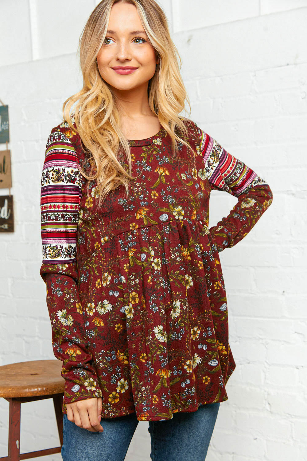 Burgundy Hacci Knit Babydoll Top with Ethnic Sleeves - Boho Chic Loungewear for Women | Perfect for Casual Outings, Date Nights & Vacation Wear