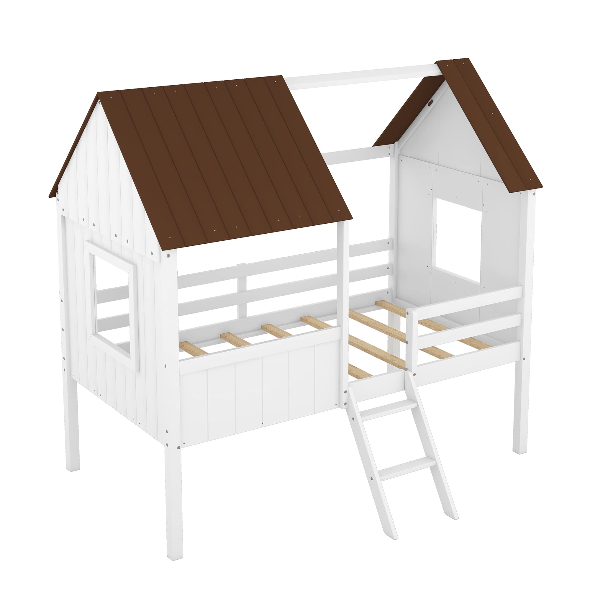 Wooden Low Loft Twin Size House Bed Frame for Kids & Teens - Toddler Bed with Side Windows & Roof - Perfect for Girls & Boys Bedrooms (White) - Ideal for Small Spaces, Playrooms & Cozy Sleep Areas