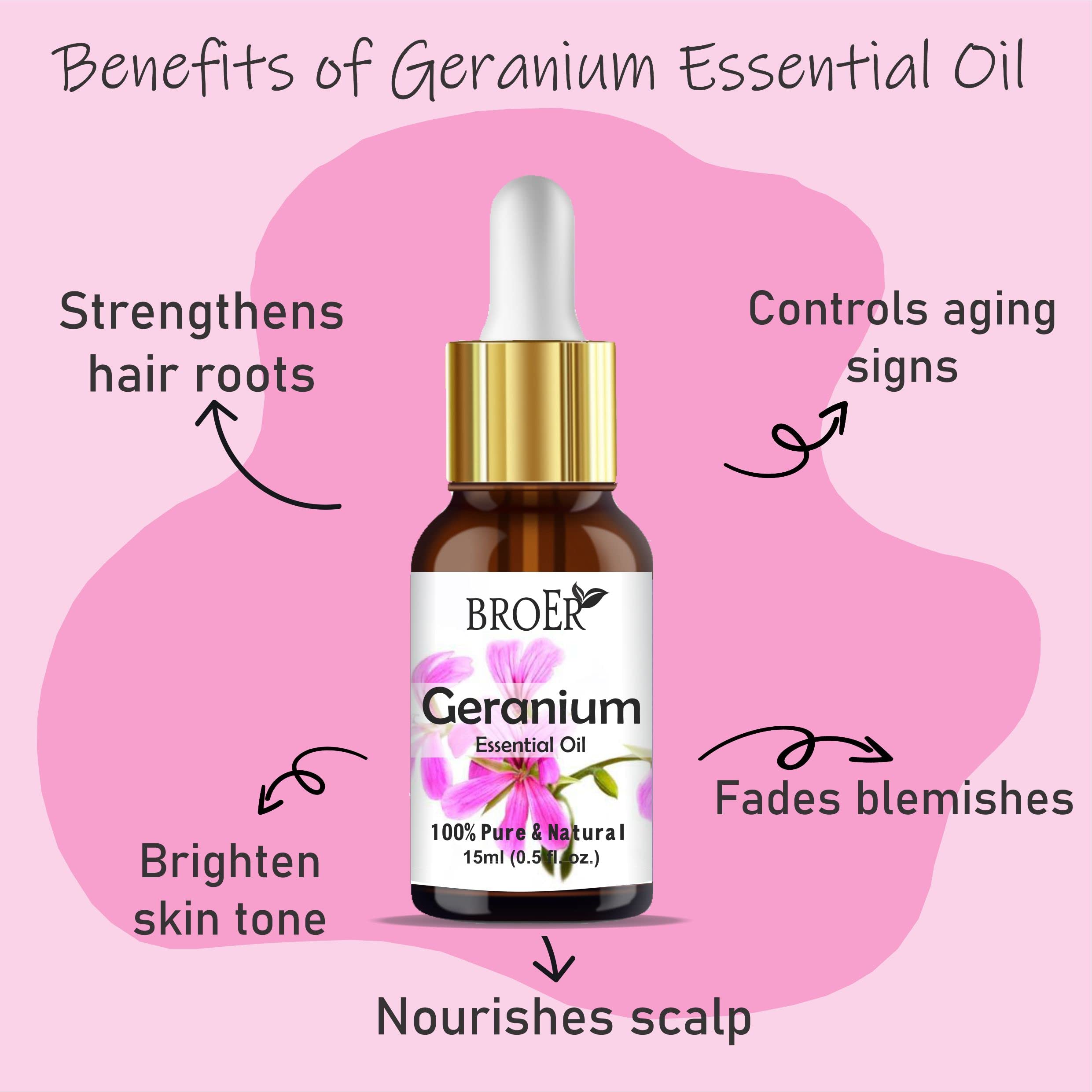BROER Naturals Pure Geranium Essential Oil - 100% Pure, Natural & Undiluted for Skin Care, Hair Growth, Diffuser & Aromatherapy | No Parabens, Sulfates | Cruelty-Free, Vegan | 2-Pack (30ml Each) | Perfect for Relaxation, Massage & DIY Beauty Products