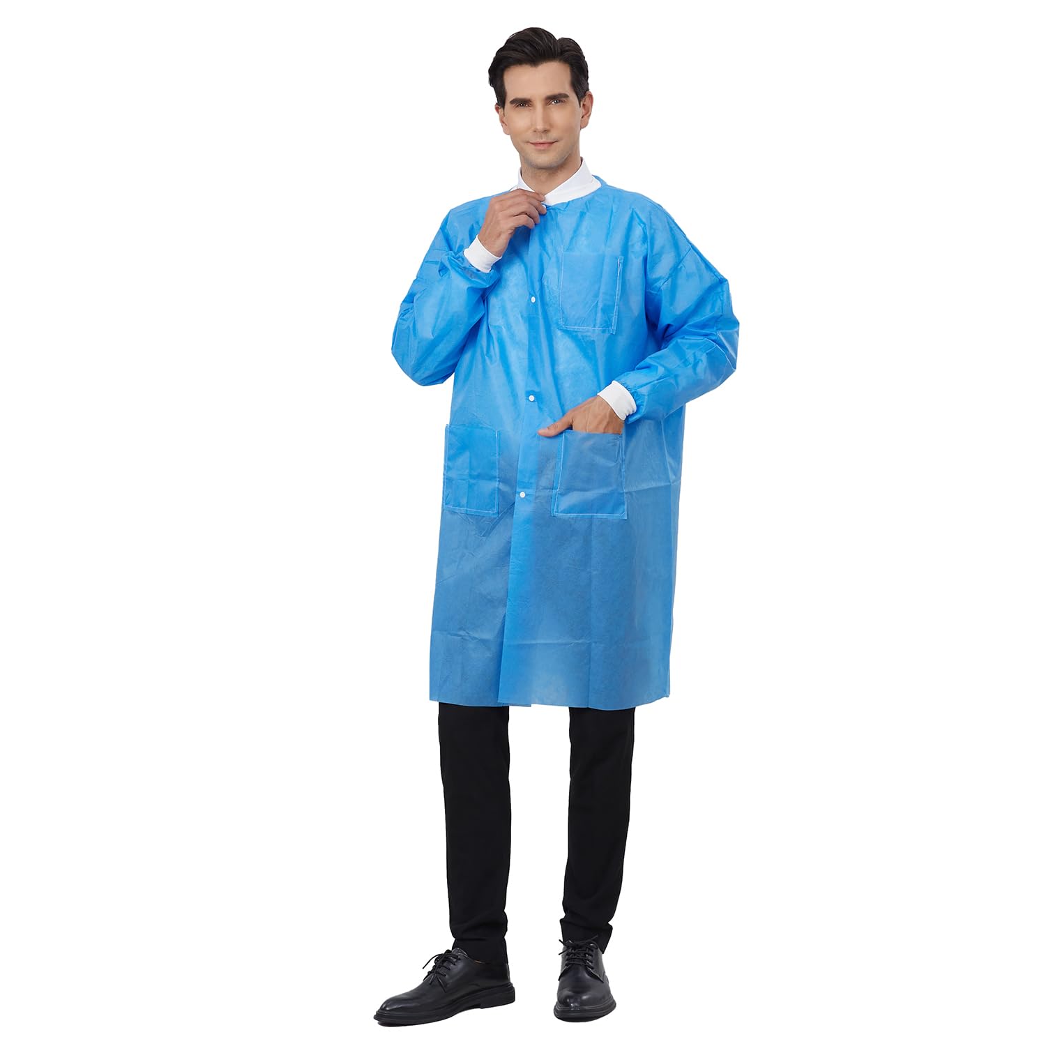Greenour Disposable Lab Coat - Blue SMS Material with Pockets, Knitted Collar & Cuffs, Breathable & Fluid Resistant for Adults (Sizes M-2XL) - Ideal for Medical Labs, Hospitals, Research Facilities & Science Experiments