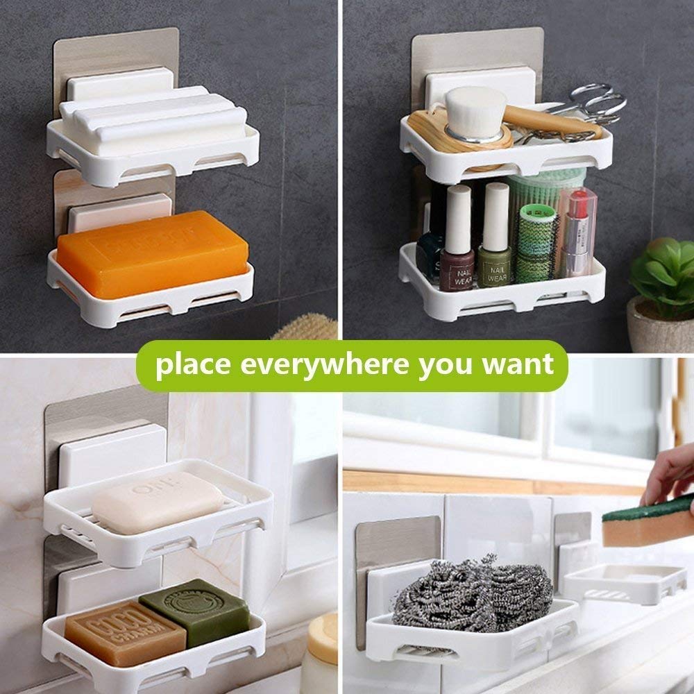Waterproof Self-Adhesive Wall Mounted Soap Holder - Bathroom & Kitchen Soap Stand with Strong Adhesive, White Bathroom Accessories - Perfect for Shower, Sink, and Countertop Organization