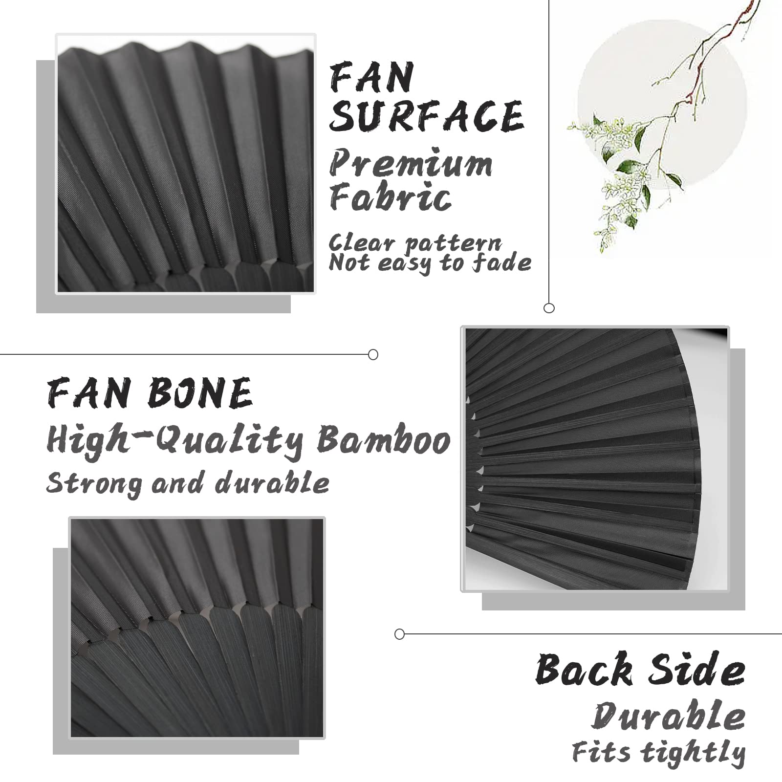 DONJIM Small Portable Folding Hand Fan - Black Silk Traditional Manual Fan for Wedding, Photography, Show, Gift & Home Decoration | Perfect for Summer Cooling, Outdoor Events & Cultural Performances