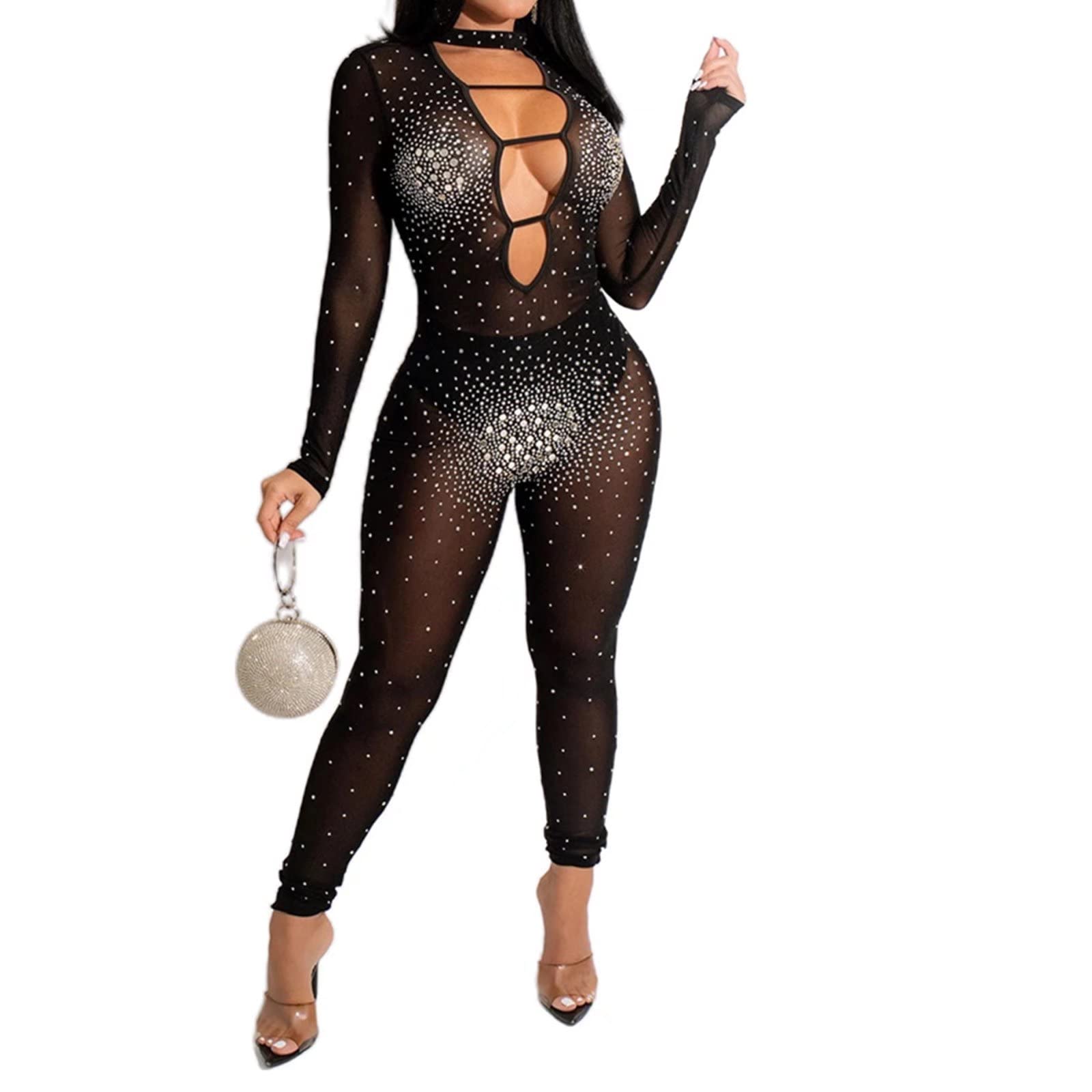 IyMoo Women's Rhinestone Mesh Long Sleeve Jumpsuit - Sexy See-Through Patchwork Romper for Clubwear & Evening Parties | Perfect for Night Out, Date Night, and Special Occasions