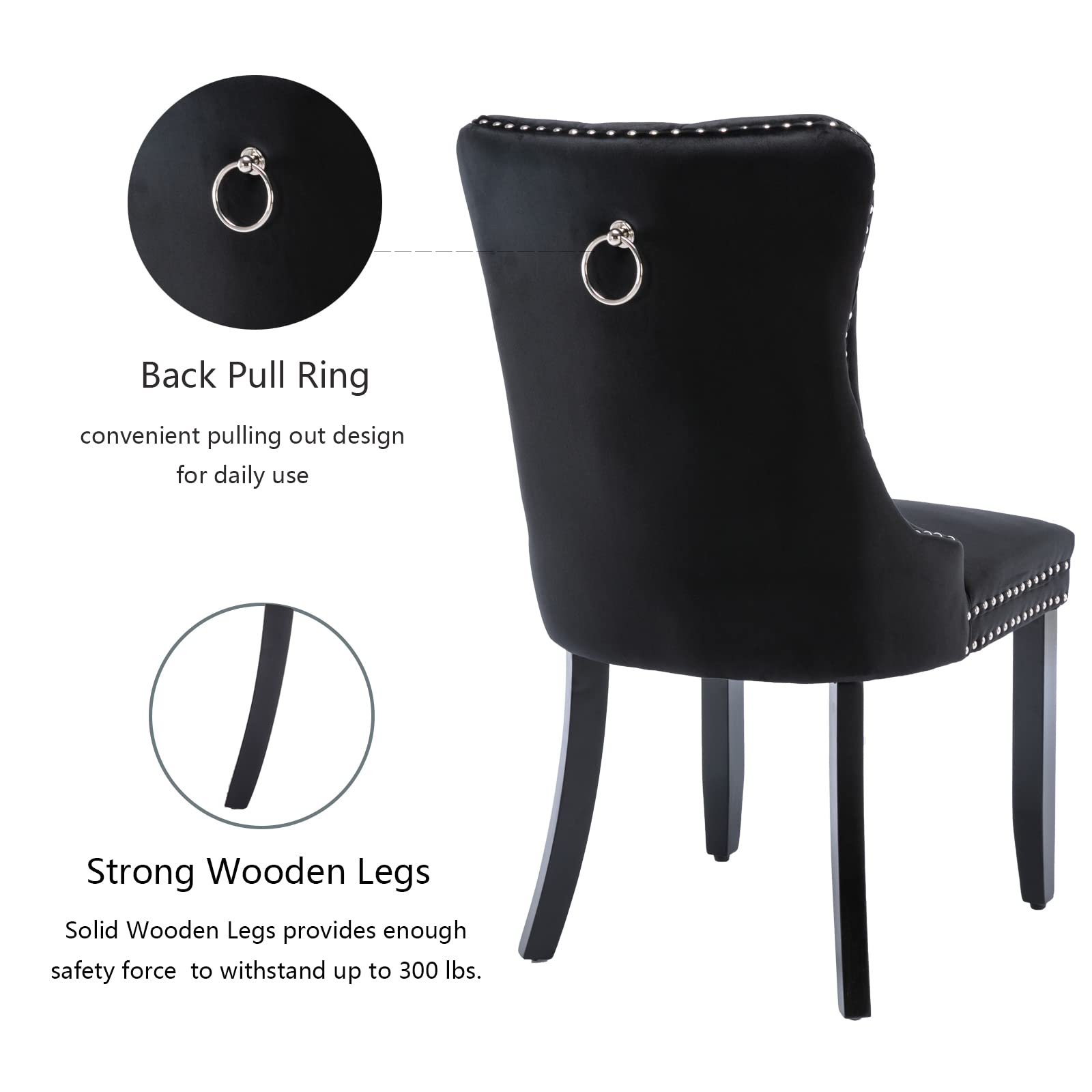 Luxury Black Velvet Dining Chairs Set of 4 - Modern Upholstered Dining Room Chairs with Elegant Back Ring Pull Trim & Sturdy Solid Wood Legs - Perfect for Dining Room, Kitchen, Living Room & Home Office Decor (Black)