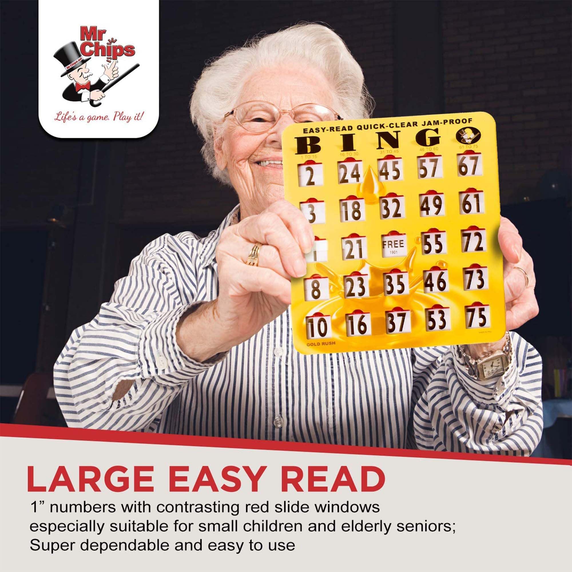 MR CHIPS Jam-Proof Bingo Cards with Sliding Windows - 50 Reusable Shutter Cards, 75 Calling Cards & 1 Master Board in Gold Rush Style - Perfect for Family Game Nights, Bingo Parties & Casino-Themed Events
