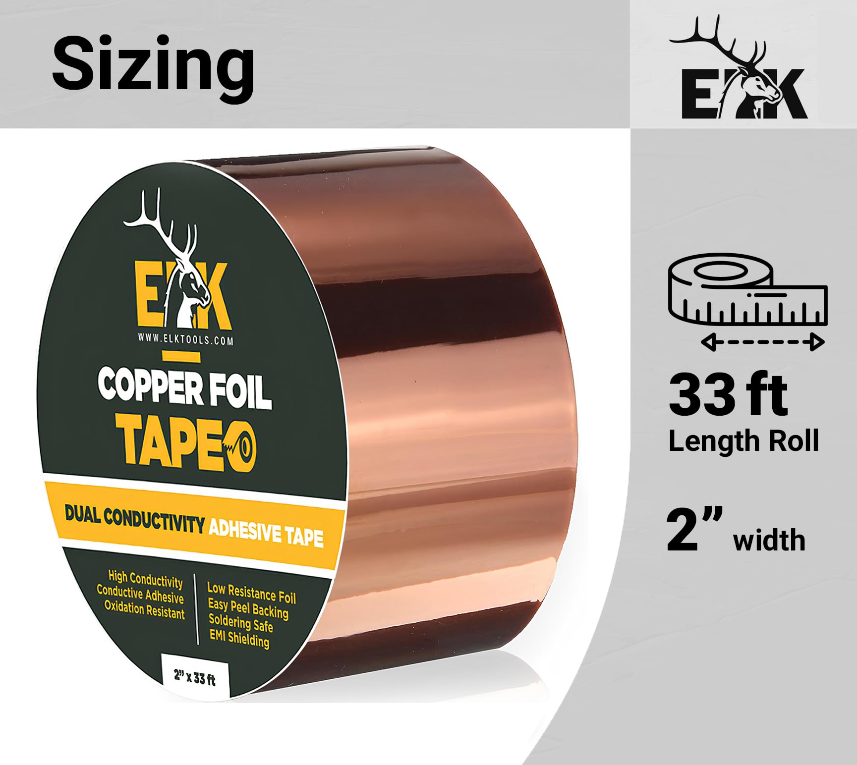 ELK Copper Foil Tape - 1” x 66ft - Conductive Adhesive for Guitar Shielding, DIY Crafts, Electrical Repairs & Grounding - EMI Shielding, Stained Glass, Circuit Board Fixes - High Conductivity Copper Tape for Arts & Electronics