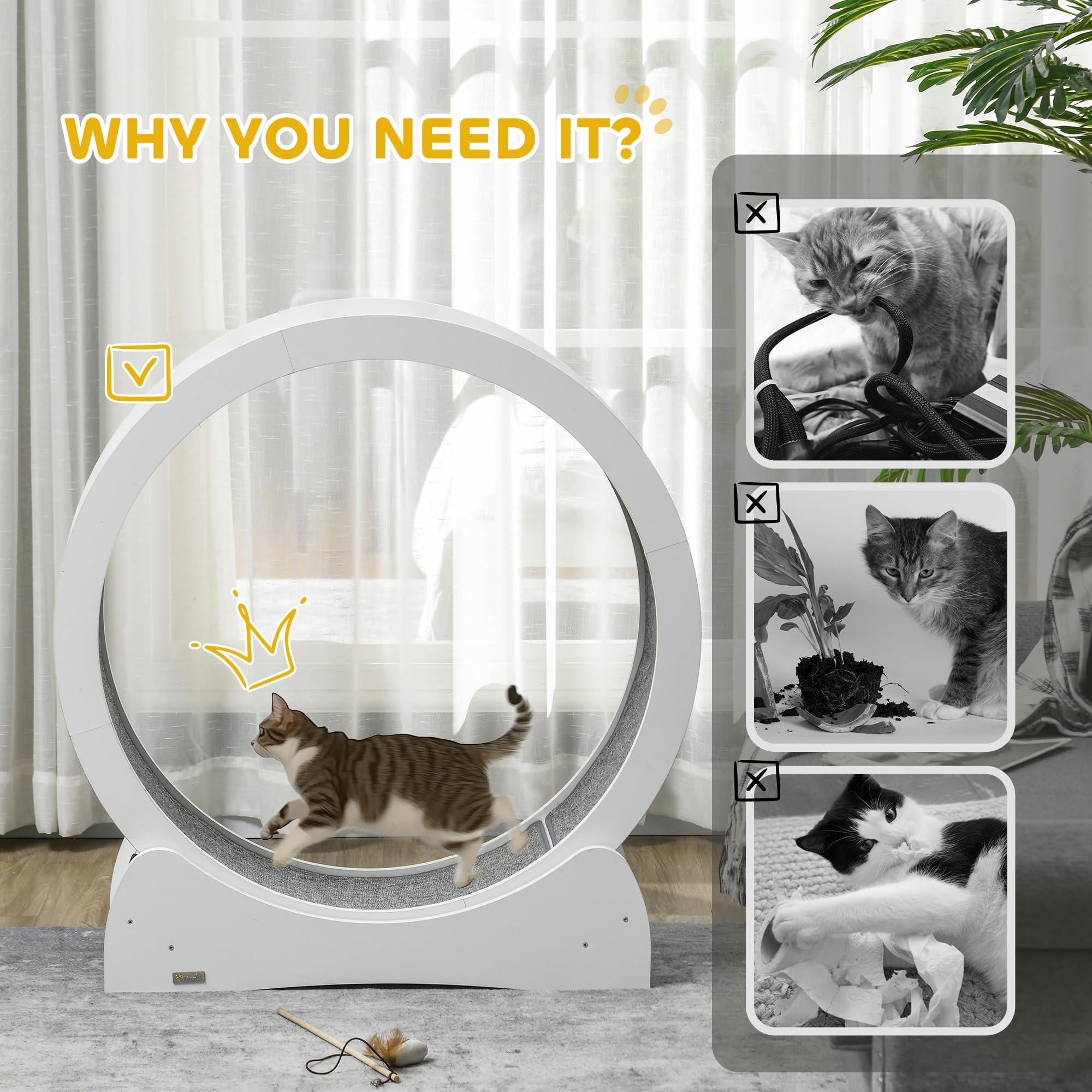 PawHut 30 Inch Cat Exercise Wheel - Indoor Cat Treadmill with Brake for Fitness & Health, White | Perfect for Small Spaces & Active Cats Playtime