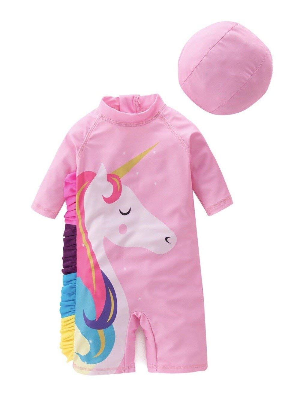 Kid Girls Chic Rash Guard Swimsuit - Pink Unicorn Design for Pool Party, Beach & Summer Water Activities