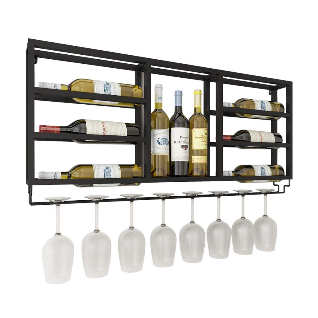 Wall Mounted Wine Rack Holder - Black Metal Wine Bottle & Glass Storage Organizer for Kitchen, Bar, Dining Room Decoration