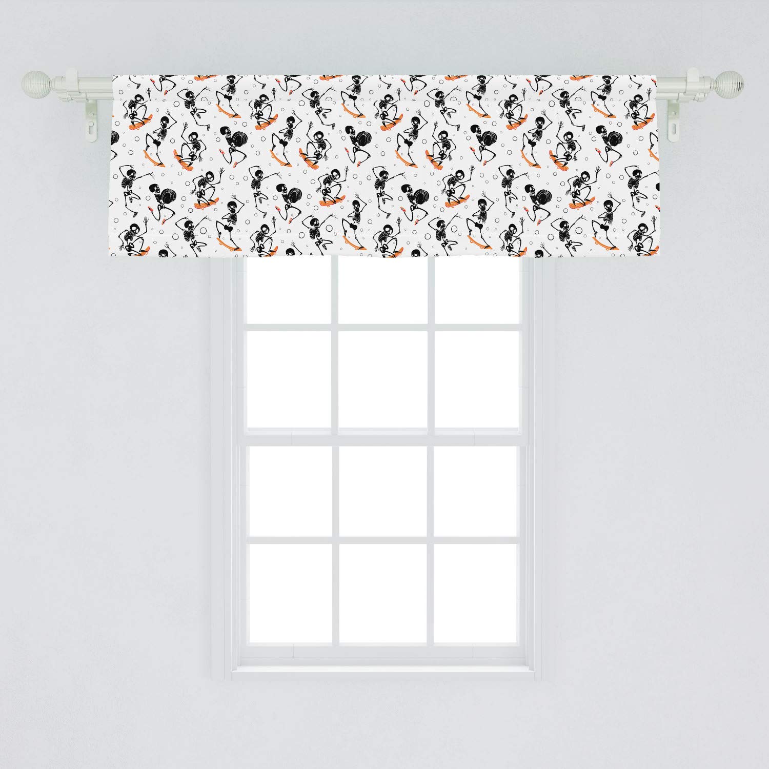 Ambesonne Skeleton Window Valance - Whimsical Halloween Decor with Skateboarding Skeleton & Bubbles - Charcoal Grey & Orange Rod Pocket Curtain Valance (54x18 inches) - Perfect for Kitchen, Bedroom, and Halloween Party Decorations