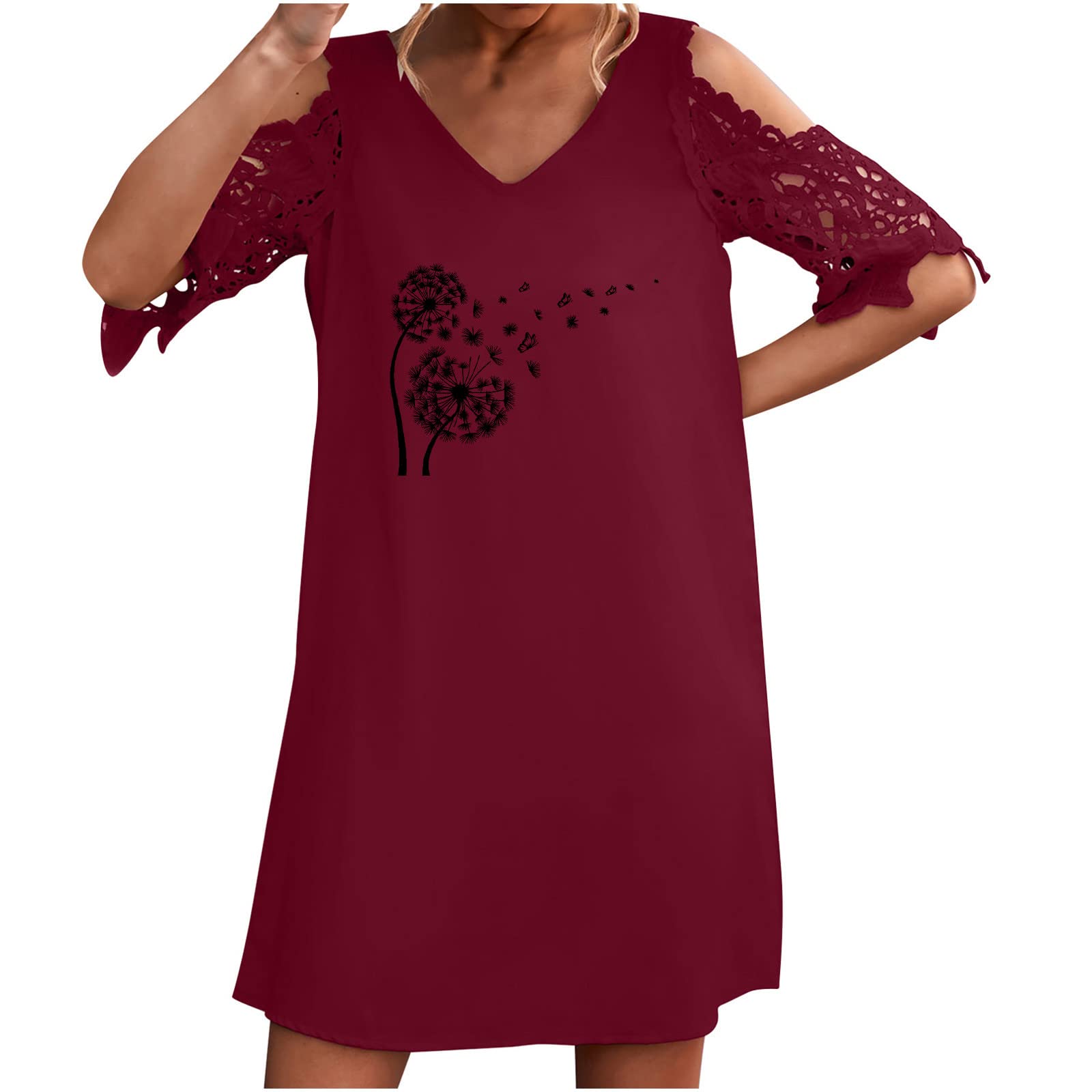 Women's Short Sleeve V-Neck Dandelion Print A-Line Dress - Casual Loose Fit Summer Beach Dress for Easter, Picnics & Outdoor Activities