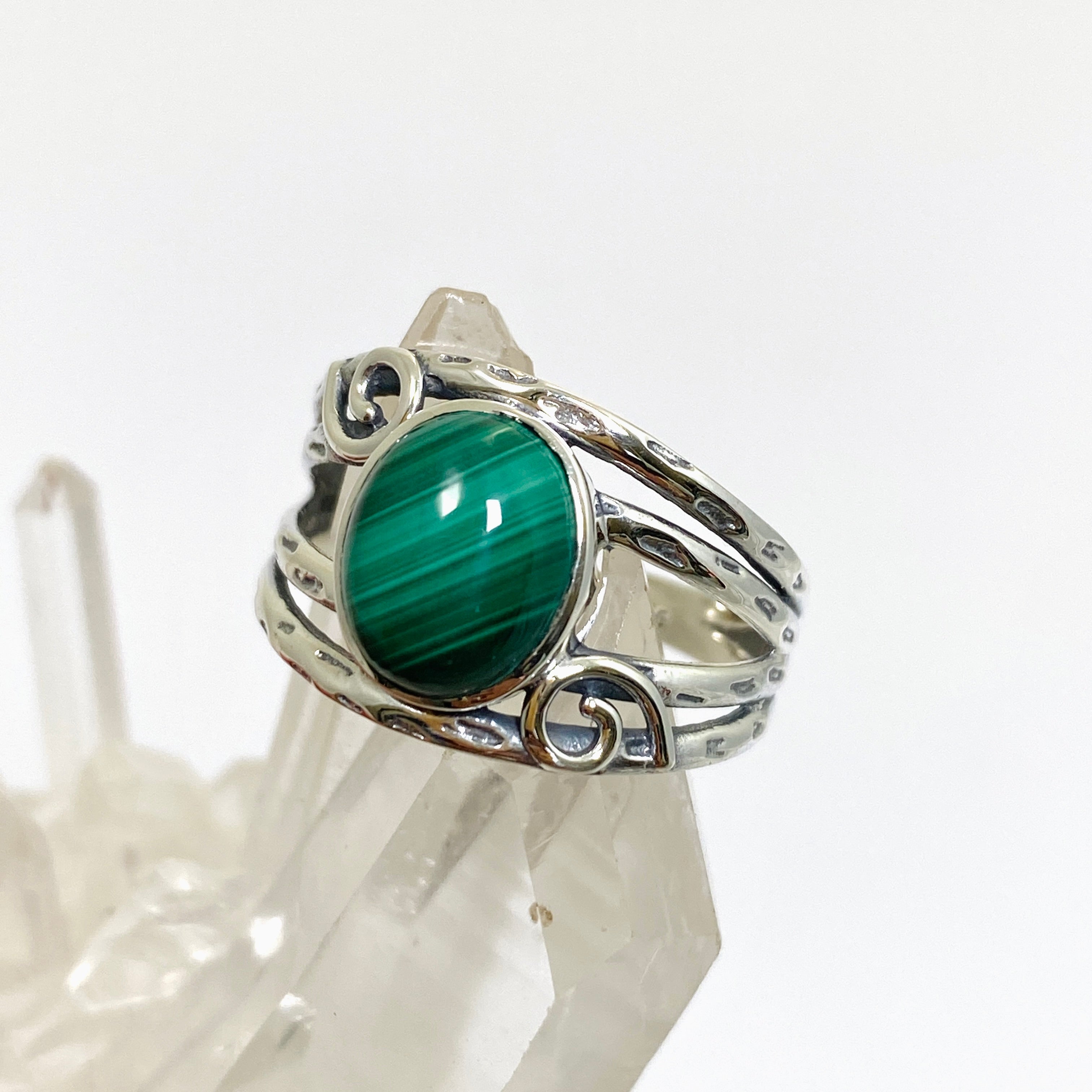 Malachite Oval Cabochon Ring in Decorative Sterling Silver Setting R4025 | Unique Gemstone Jewelry for Women | Perfect for Weddings, Parties & Special Occasions