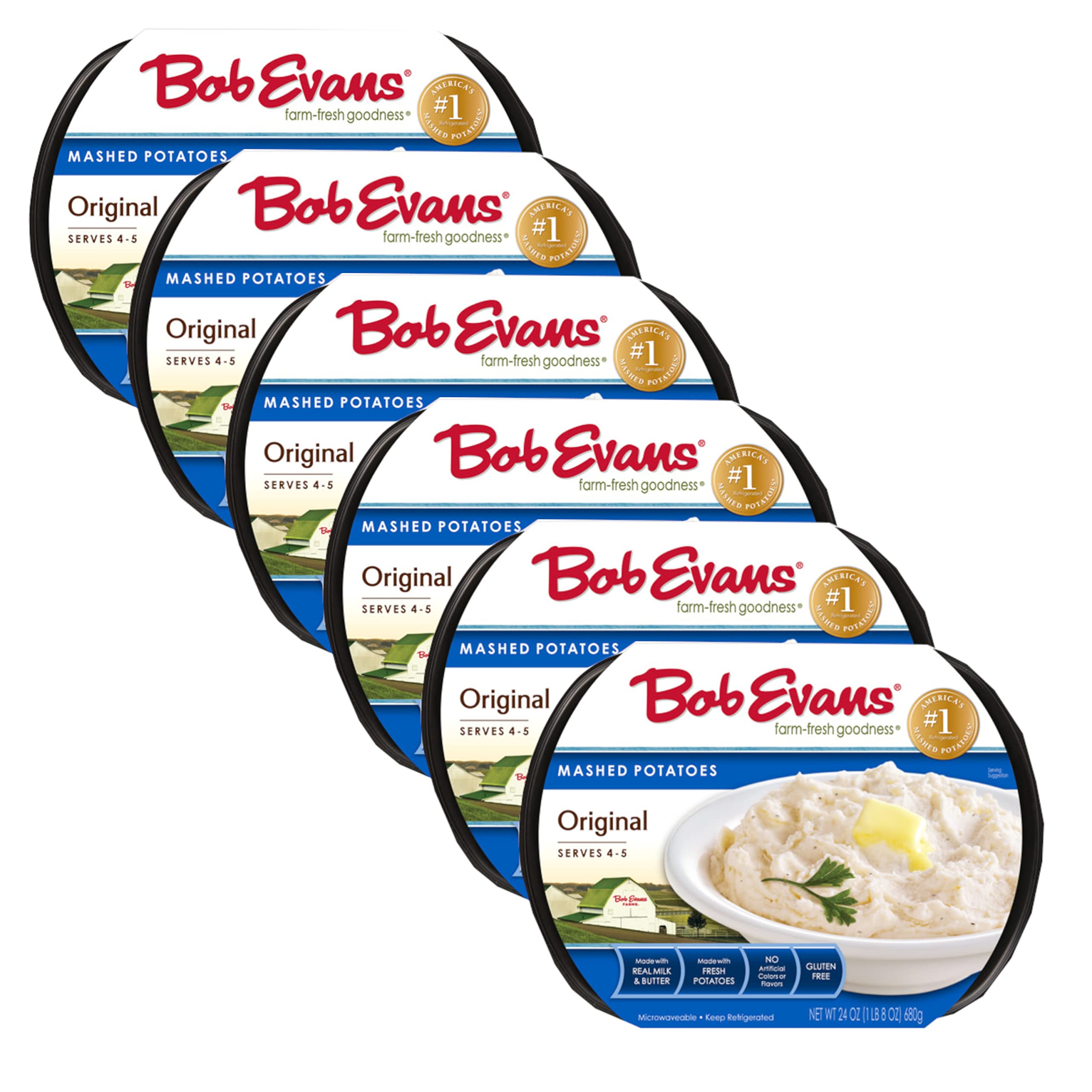 Bob Evans Original Mashed Potatoes - Fresh Potatoes, Real Milk & Butter - No Artificial Colors or Flavors - 6 Pack (24 oz Each) - Perfect for Holiday Dinners, Family Gatherings & Quick Meals