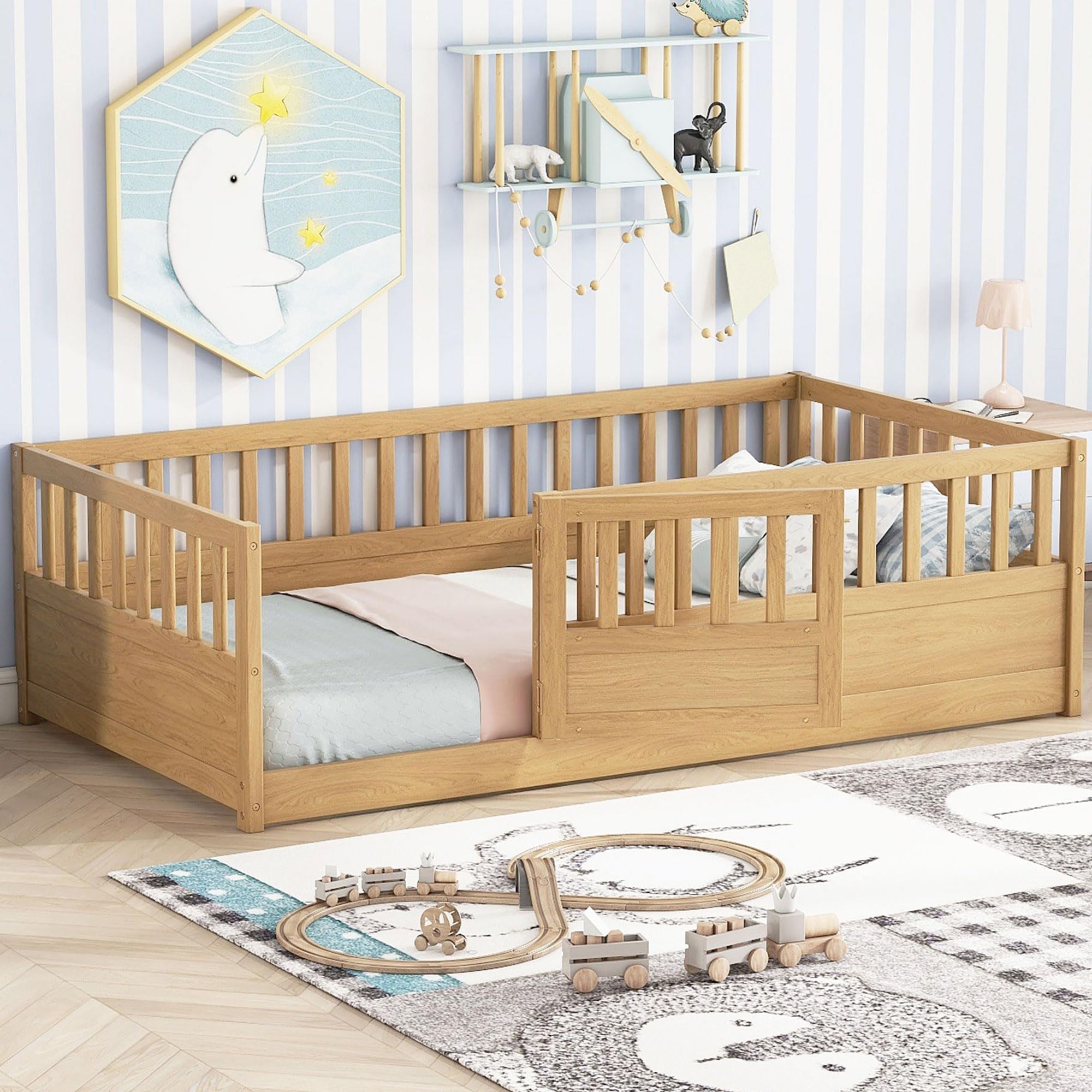 Montessori Twin Floor Bed for Kids - Wooden Low Bed with High Safety Fence & Door - Natural Wood Toddler Bed for Boys & Girls - Perfect for Bedroom, Playroom & Montessori Learning Spaces