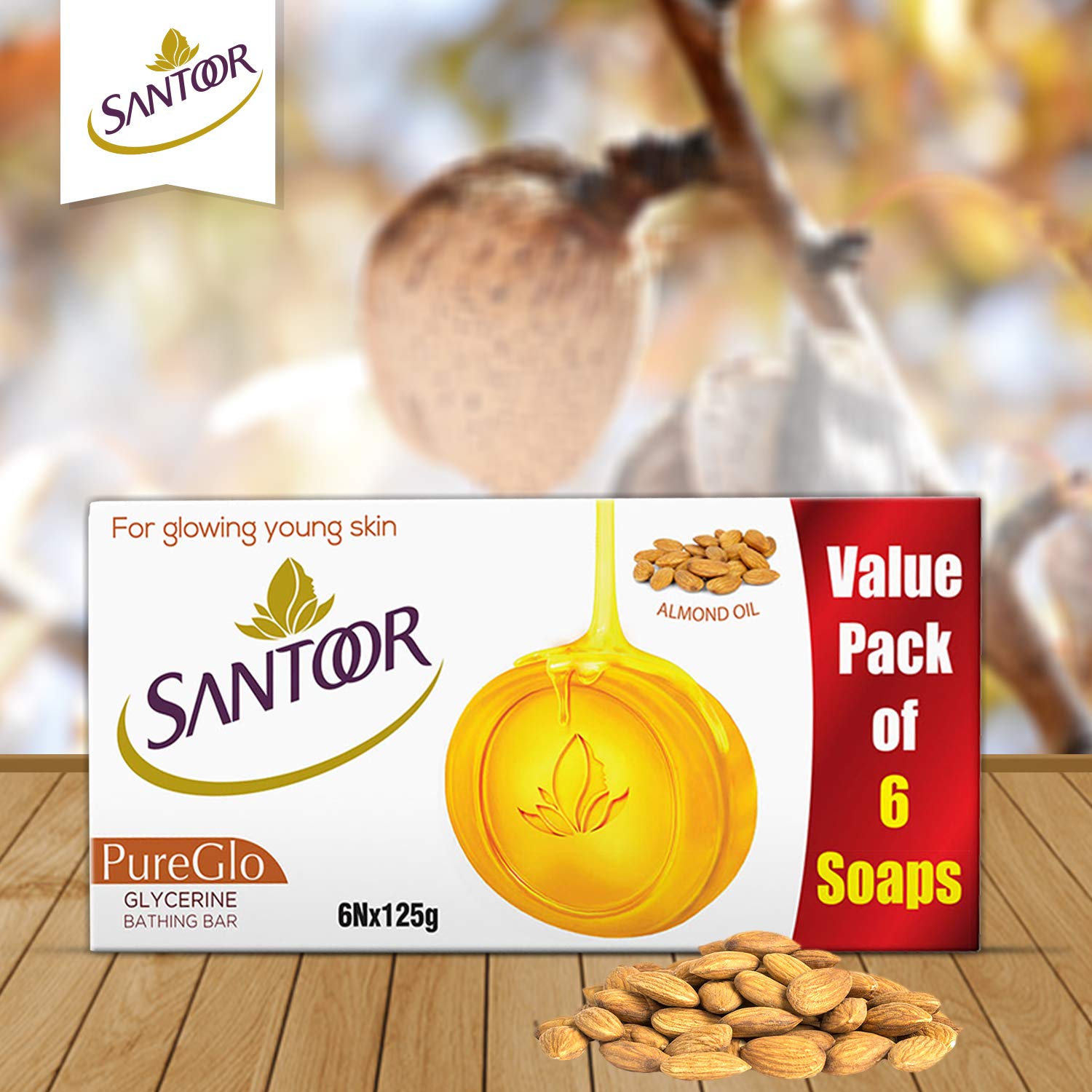 Santoor Sandal & Almond Milk Soap 150g (Pack of 6) and Pureglo Glycerine Soap with Almond Oil 125g (Pack of 6) - Natural Skincare for Nourished, Glowing Skin - Perfect for Daily Cleansing & Moisturizing