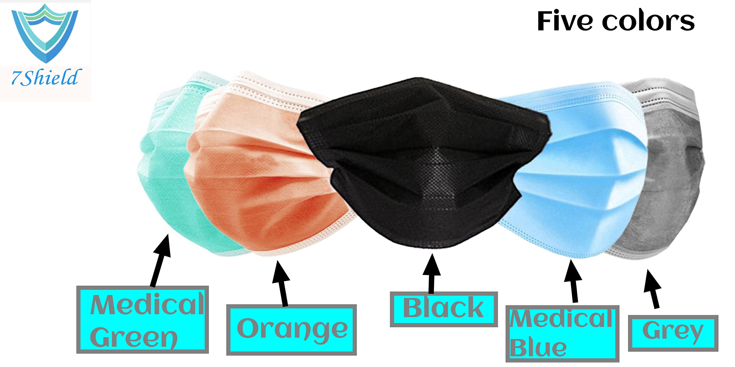 7Shield CE & ISO Certified Disposable Face Mask with Nose Clip & Soft Ear Loops - Water Resistant Surgical Mask (10-Pack, Multicolor) - Ideal for Daily Commute, Office Use & Public Safety Protection