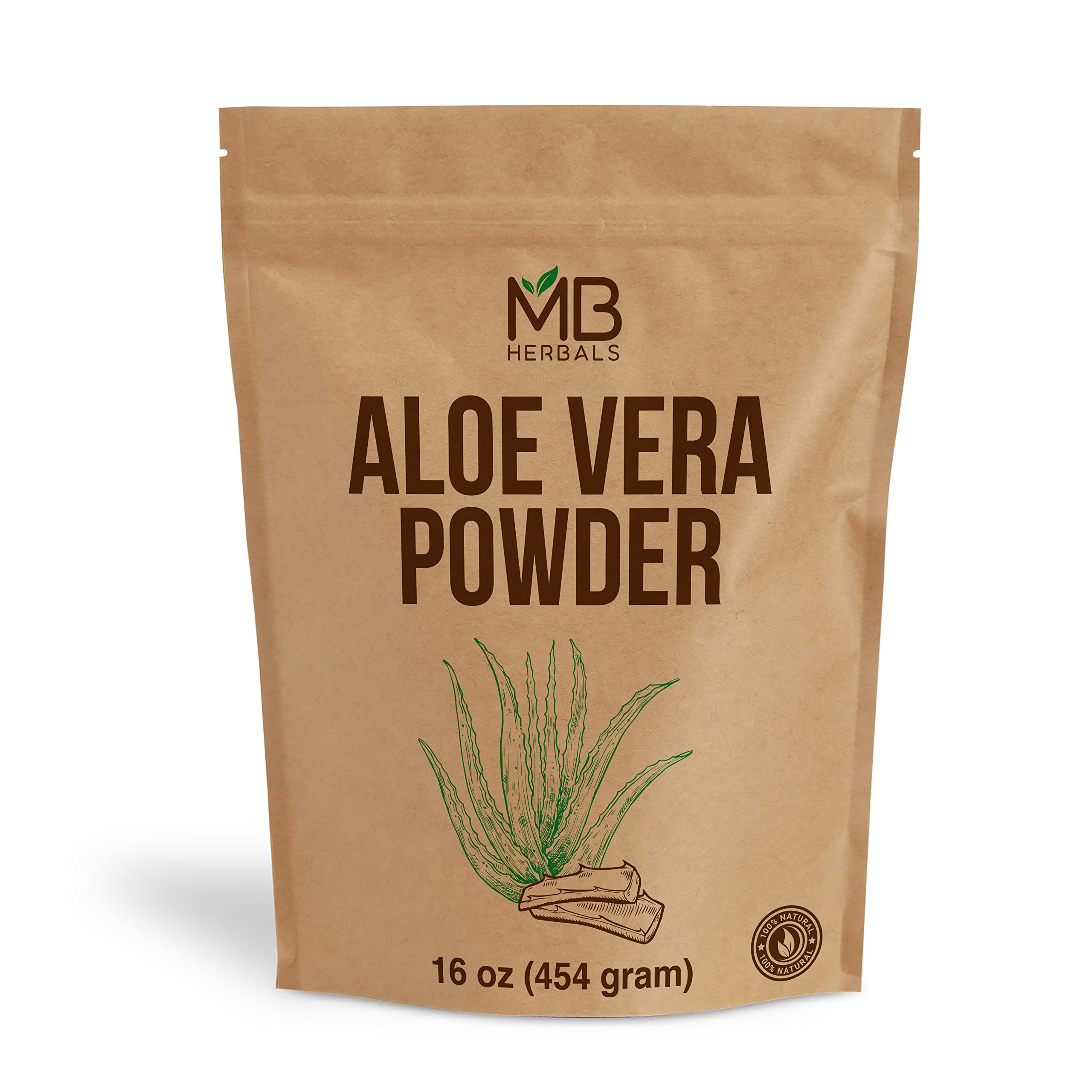 MB Herbals Aloe Vera Powder 16 oz (1 LB) | 100% Pure Aloe Barbadensis Powder | Natural Skin Moisturizer & Hair Growth Booster | For Face, Body & Scalp Care | External Use Only | DIY Beauty & Wellness Recipes