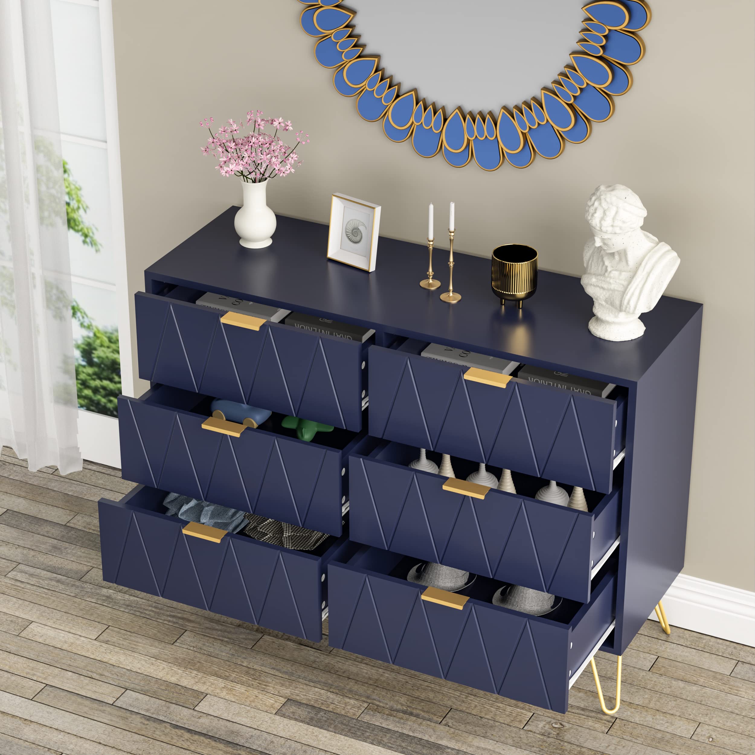 Anbuy 3-Piece Navy Blue Bedroom Furniture Set - 6-Drawer Dresser & 2 Nightstands with 2 Drawers Each, Solid Wood Storage for Master Bedroom, Guest Room or Dorm Organization