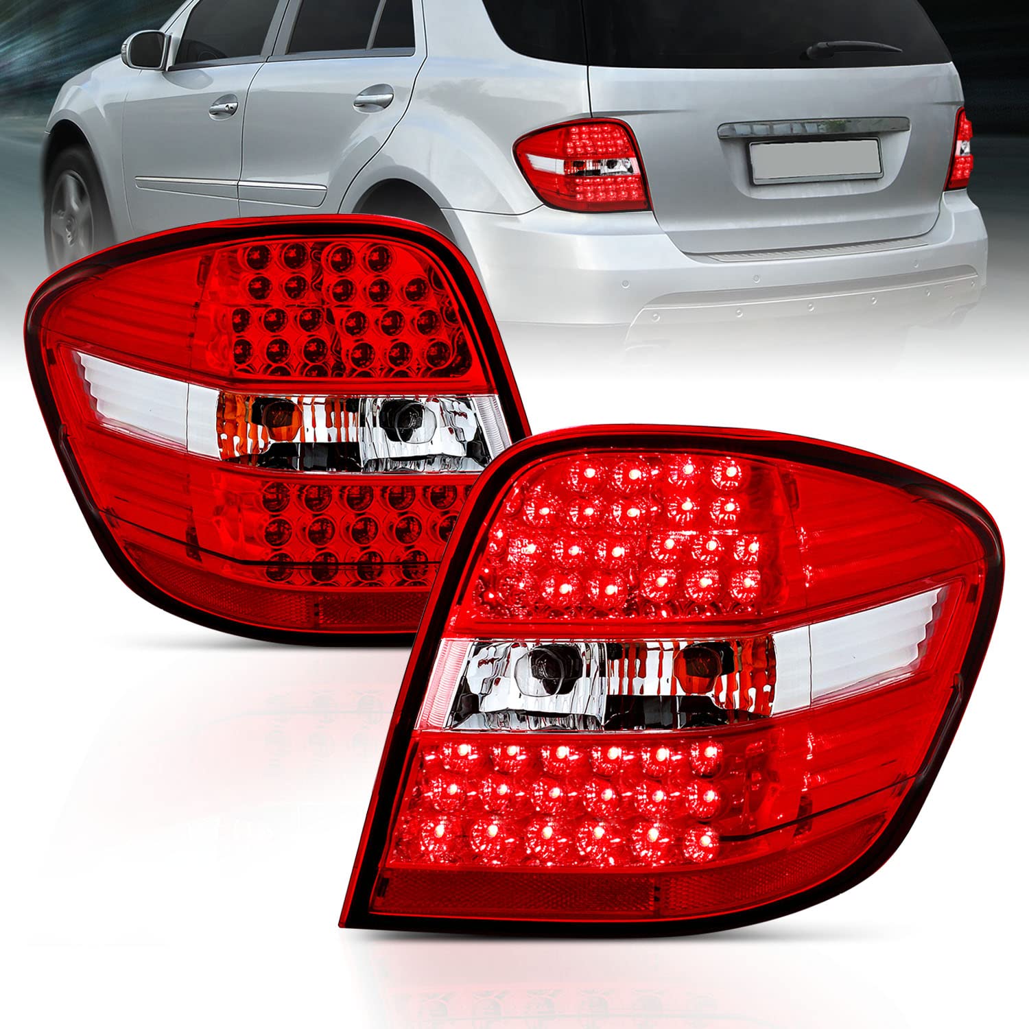 AmeriLite LED Taillights Red/Clear for Mercedes Benz M Class W164 (2006-2011) - Left & Right Side Replacement - Enhanced Visibility & Style for Night Driving & Car Customization