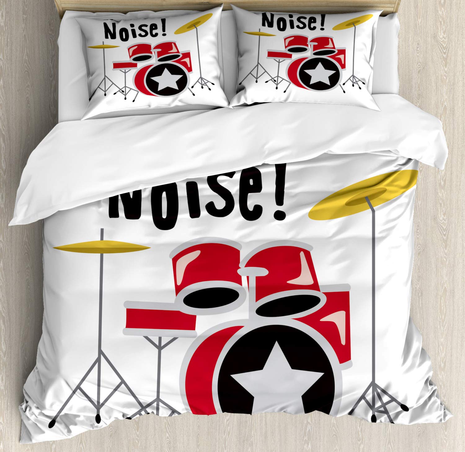 Lunarable Drum Set Duvet Cover Set - Rockstar Music Theme 3-Piece Queen Size Bedding with 2 Pillow Shams in White & Vermilion - Perfect for Musicians' Bedrooms & Music Lover Home Decor
