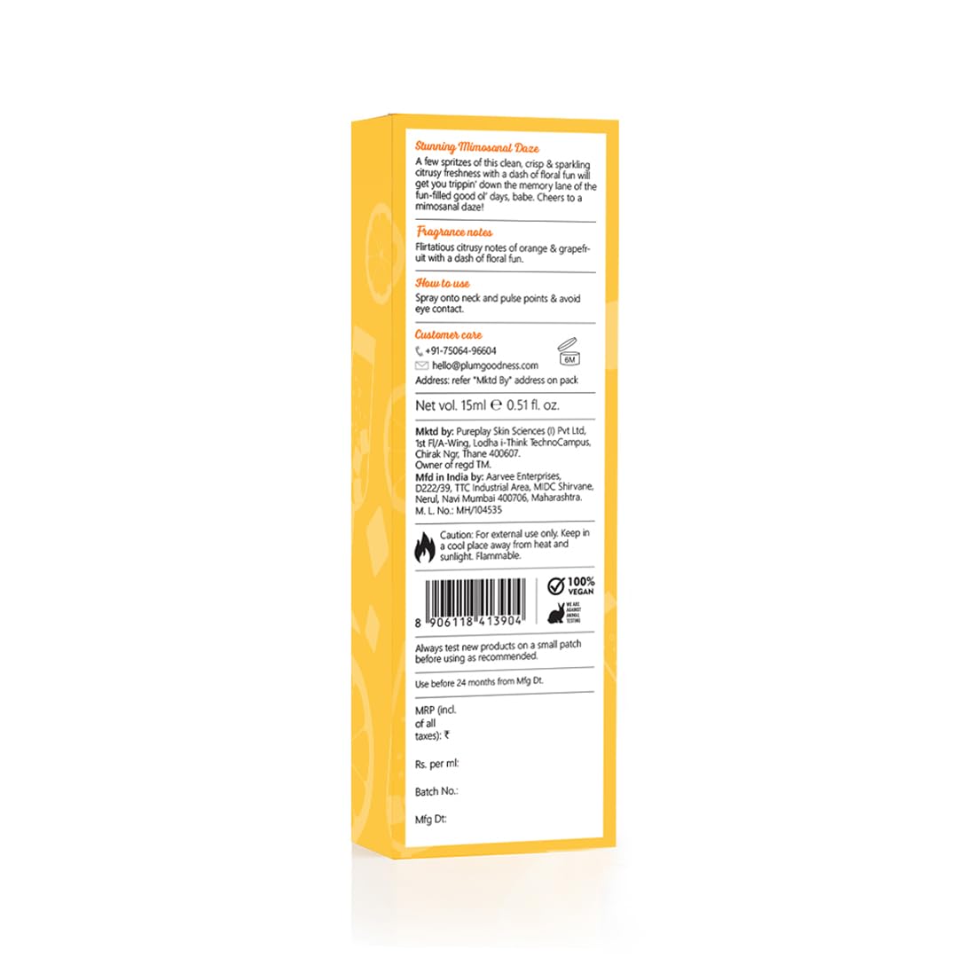 Plum BodyLovin' Trippin' Mimosas Eau De Parfum | Long-Lasting Citrus Perfume with Grapefruit, Berries & Vanilla Notes | Unisex Luxury Fragrance for Women & Men | Travel-Size 15ml | Perfect for Date Nights, Office Wear & Special Occasions