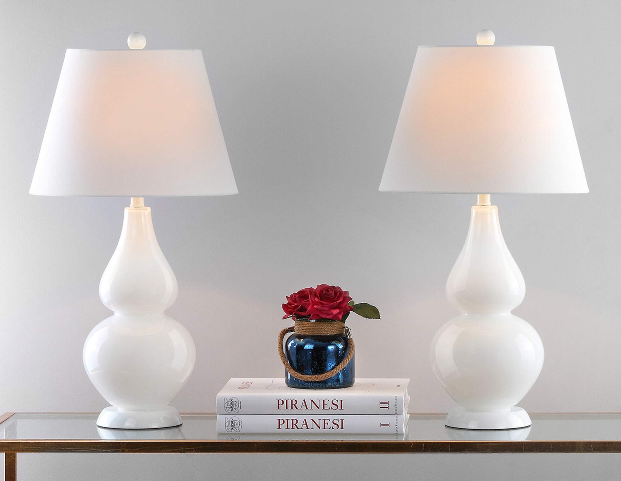 SAFAVIEH Cybil Modern White Double Gourd Glass Table Lamp Set of 2 - 27 Inch LED Bedside Lamps for Bedroom, Living Room & Home Office - Contemporary Nightstand Lighting with Included LED Bulbs - Perfect for Reading, Relaxing and Creating Ambient Atmosphere