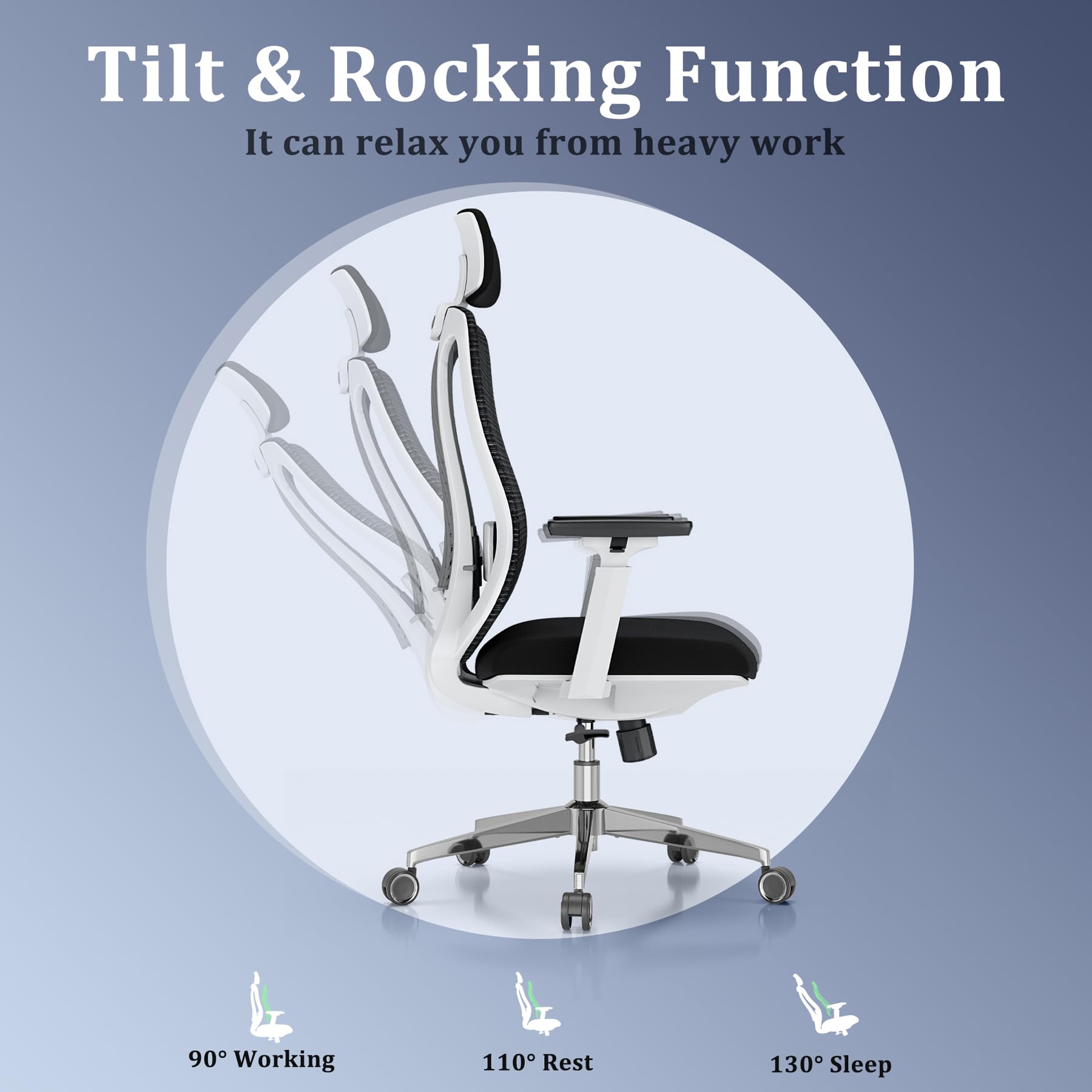 Ergonomic Mesh Office Chair with 3D Adjustable Armrests & Lumbar Support - High Back Computer Desk Chair with Headrest & Tilt Function - White Home Office Chair for Long Hours Working & Gaming