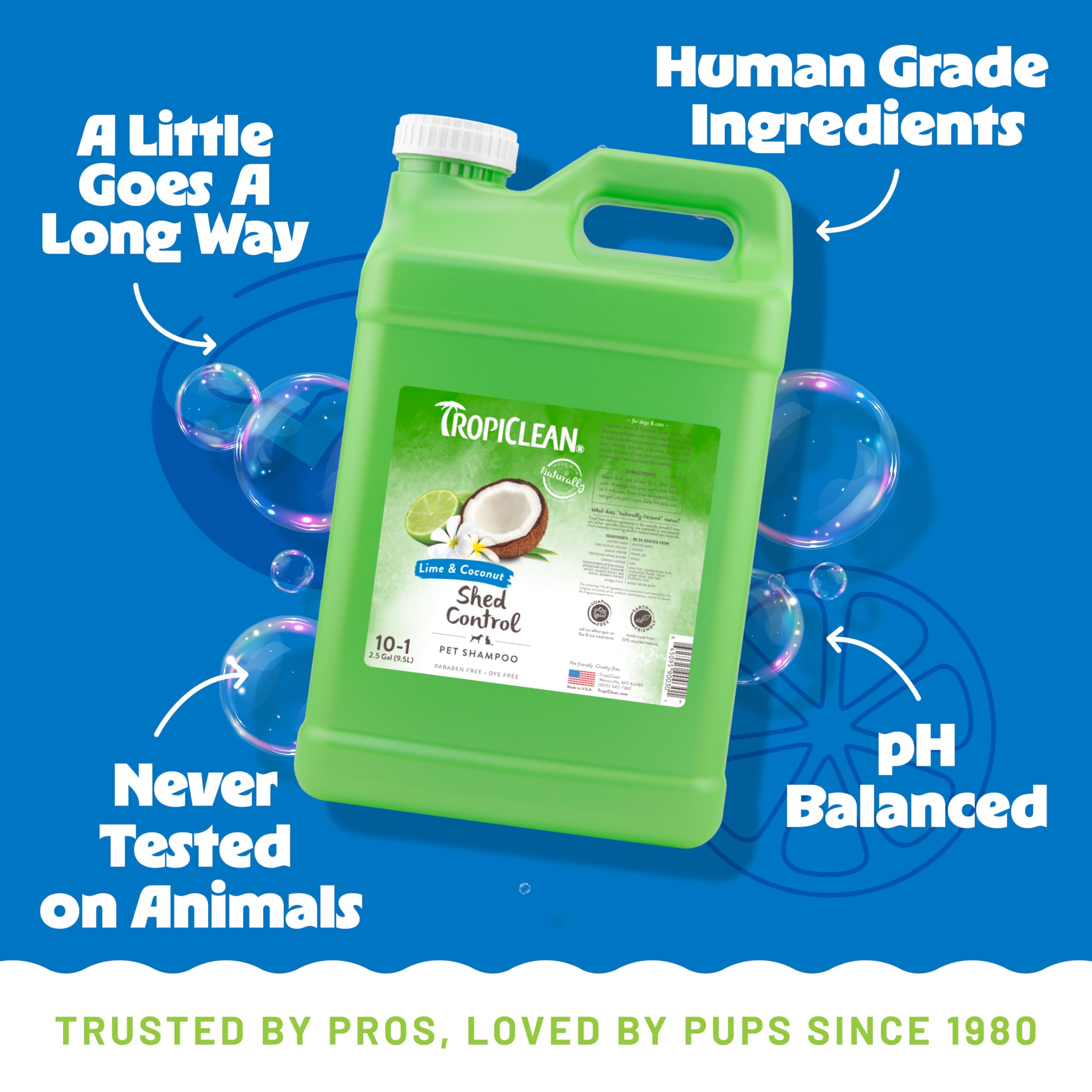 TropiClean Deshedding Dog Shampoo for Shedding Control - Professional Strength, Fast-Acting Formula, Safe for Puppies - Lime & Coconut Scented, Made in USA (2.5 Gallon) - Perfect for Bath Time & Grooming Sessions