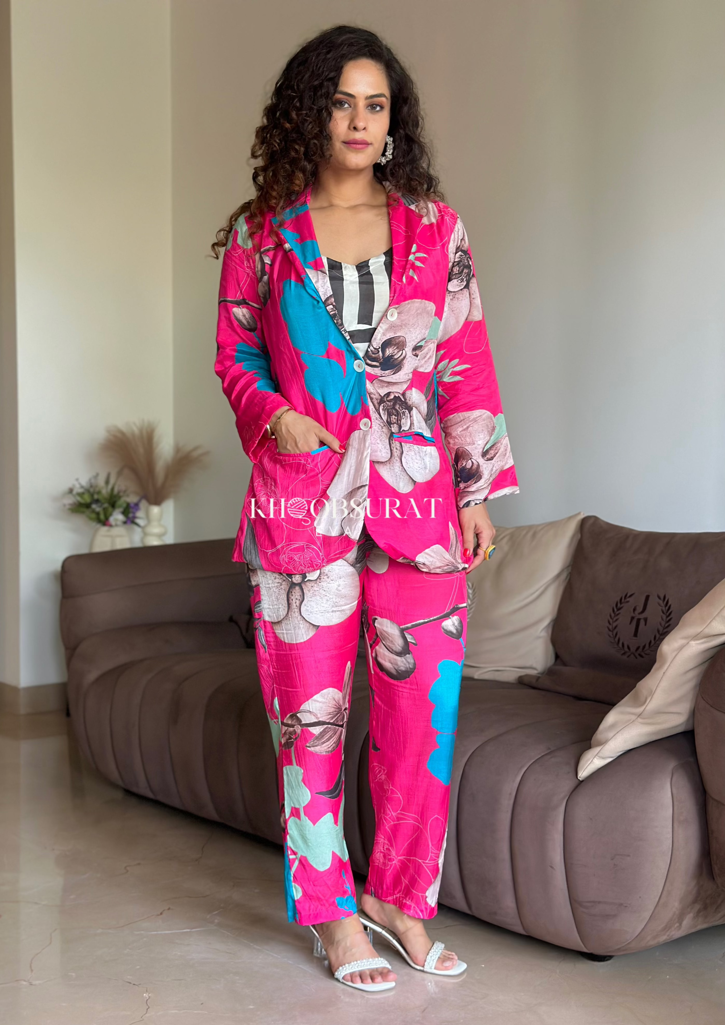 Stylish Pink Floral Blazer Coord Set for Women - Office Wear & Spring Outfits | Trendy Matching Jacket & Pants Suit