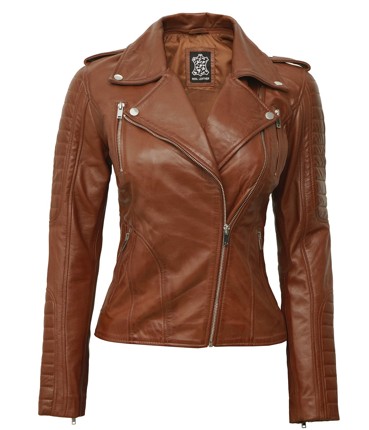 Decrum Women's Real Lambskin Leather Jacket with Removable Hood - Brown & Black Casual Biker Jacket for Women | Perfect for Motorcycle Riding, Fall Fashion & Everyday Wear