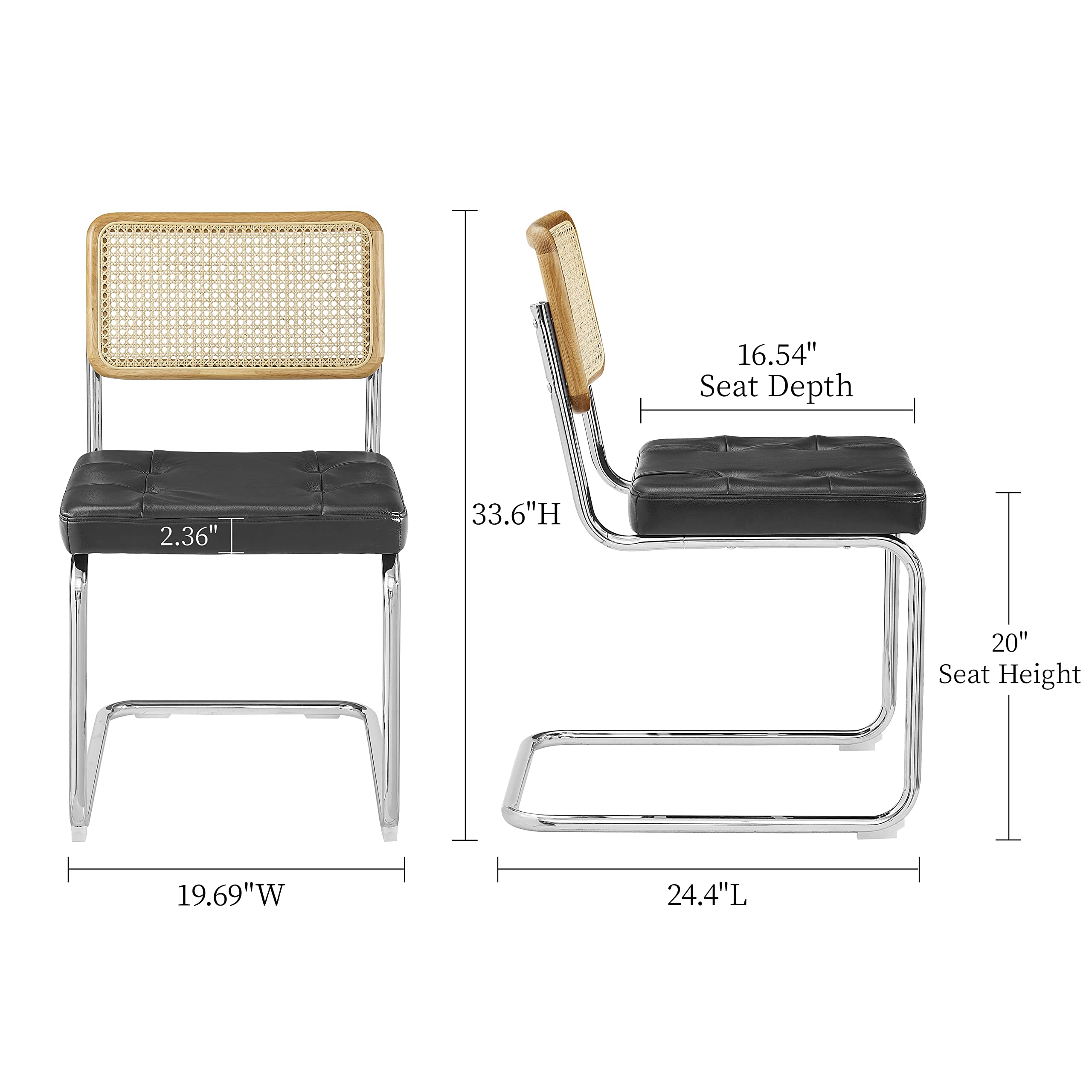 Art Leon Rattan Dining Chairs Set of 2 - Natural Oak Frame Mid Century Modern Style - Woven Backrest & Faux Leather Upholstered Cane Chairs with Chrome Metal Legs in Black - Perfect for Dining Room, Kitchen, Breakfast Nook or Patio Decor