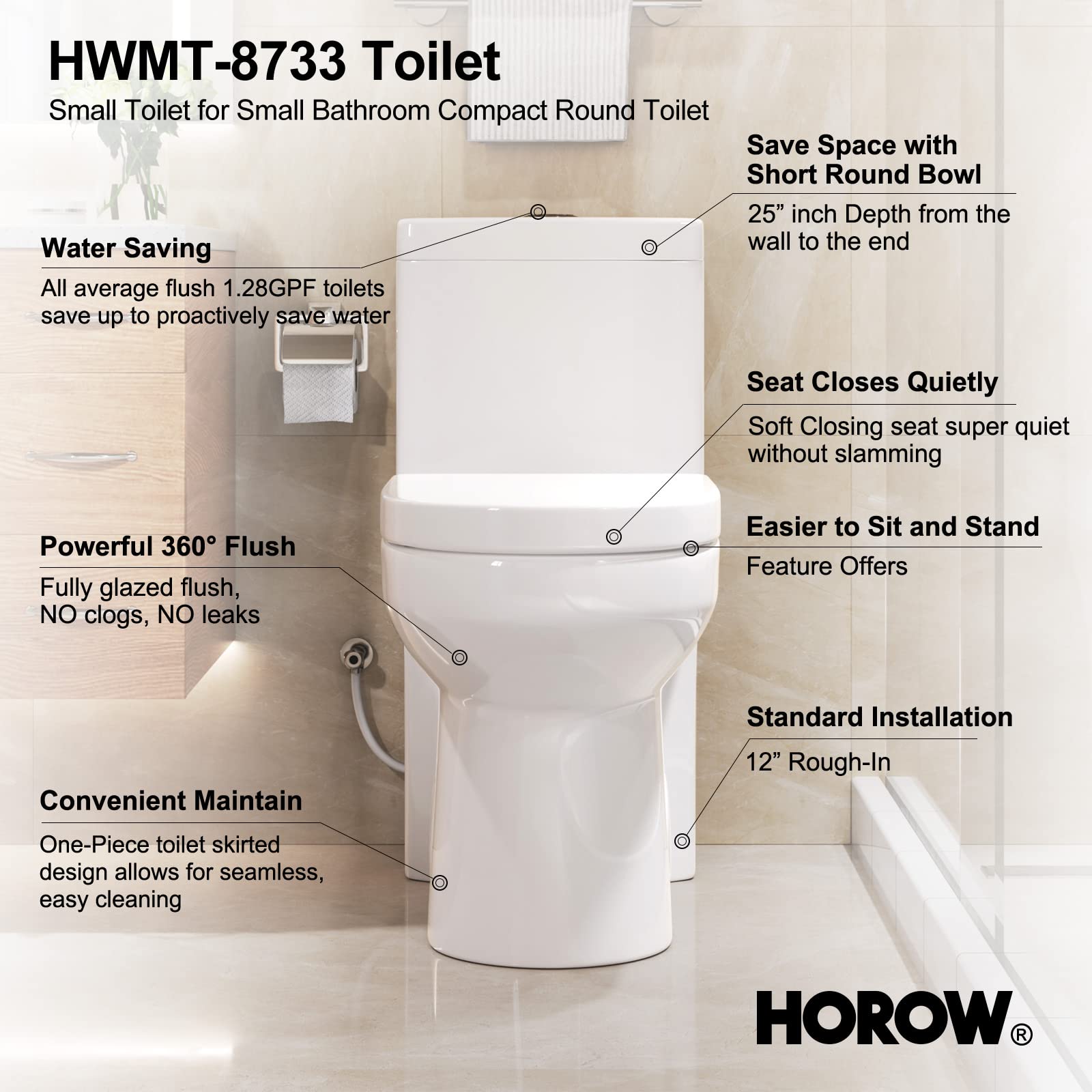 HOROW HWMT-8733 Compact One-Piece Toilet with Dual Flush - 12