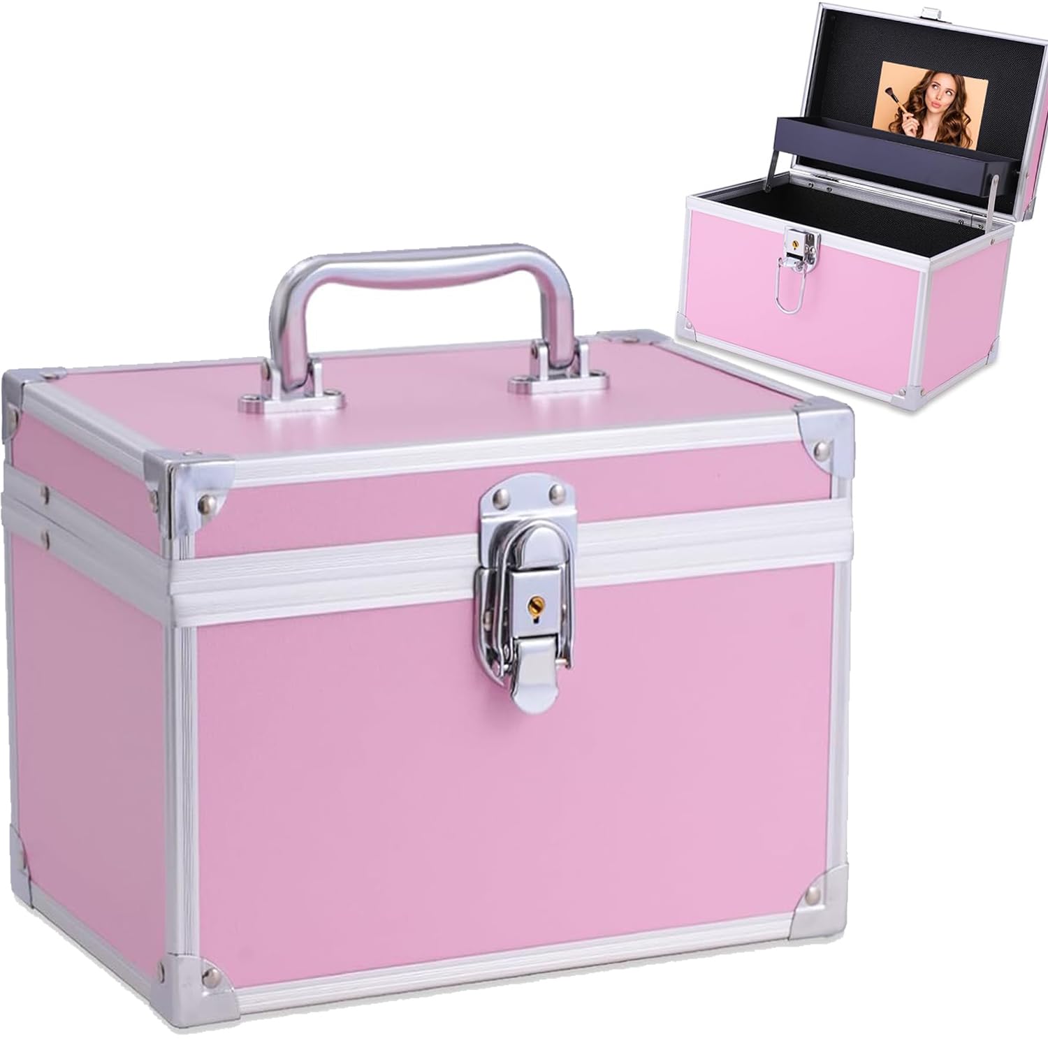 Portable Lockable Makeup Train Case with Mirror & Trays - 6.3