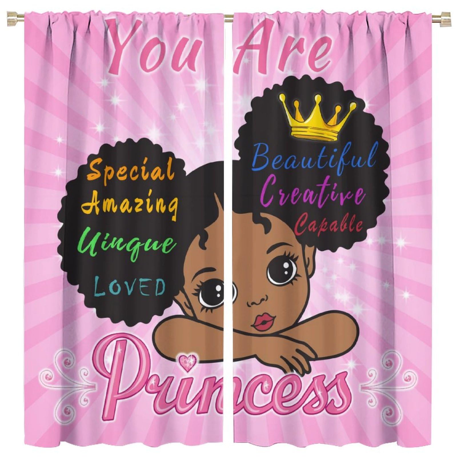 African American Kids Curtains - Afro Black Girls Princess Nursery Window Treatments | Pink Cute 2-Panel Drapes for Girl's Bedroom & Children's Room Decor (84x84 Inches) - Perfect for Nursery, Toddler Room & Princess-Themed Bedroom Decorations